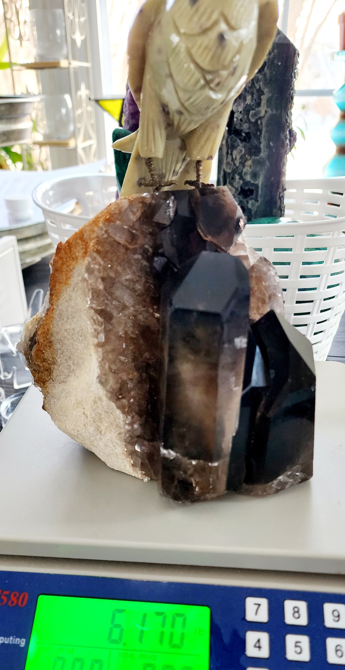 Large Yellow Jasper Parrot on Smokey Quartz Cluster Base Large 6Lbs qualifies for free shipping