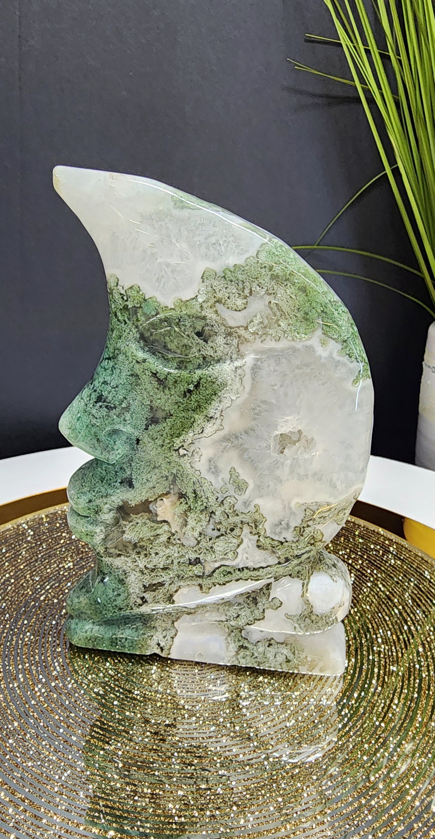 Moss Agate Moon face Carving