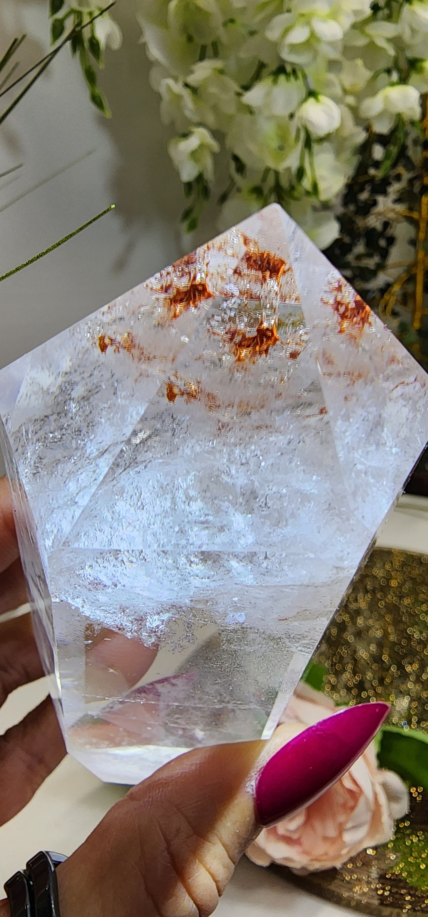 Clear Quartz Chunky Tower w/white Phantom and Hematoid inclusions from Brazil