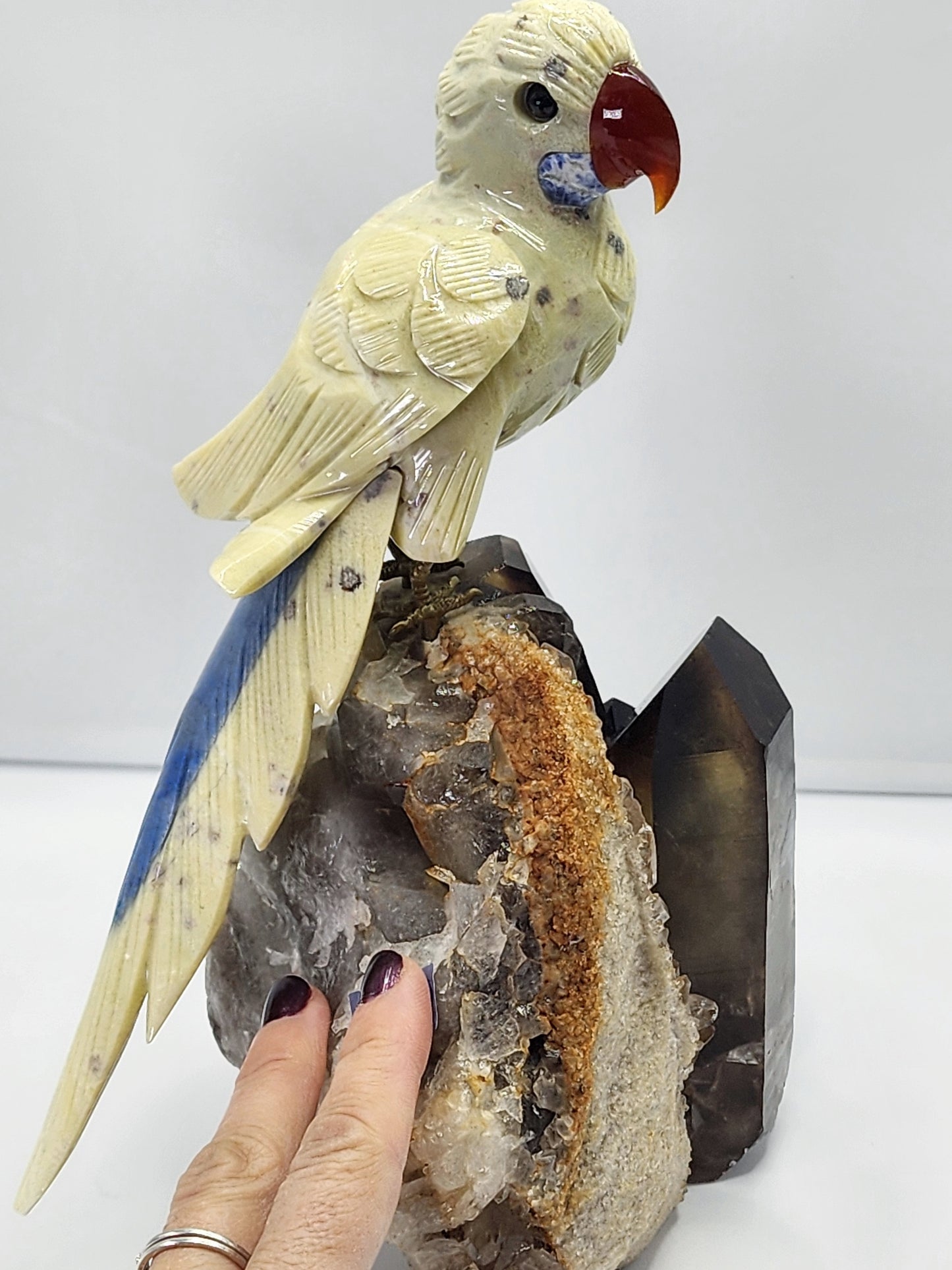 Large Yellow Jasper Parrot on Smokey Quartz Cluster Base Large 6Lbs qualifies for free shipping