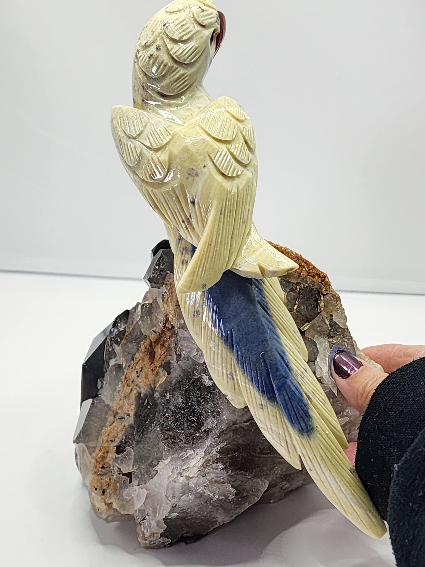 Large Yellow Jasper Parrot on Smokey Quartz Cluster Base Large 6Lbs qualifies for free shipping