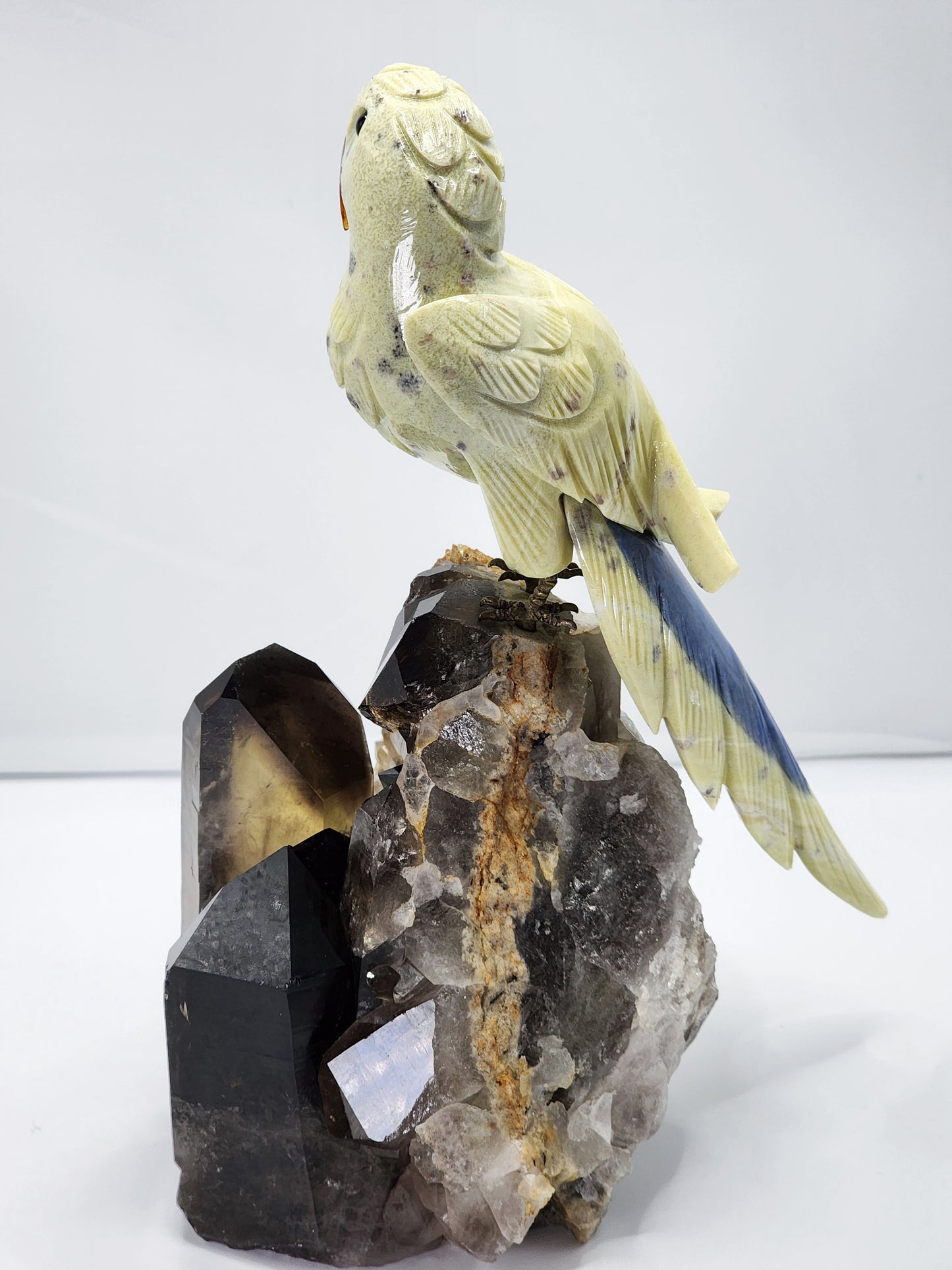 Large Yellow Jasper Parrot on Smokey Quartz Cluster Base Large 6Lbs qualifies for free shipping