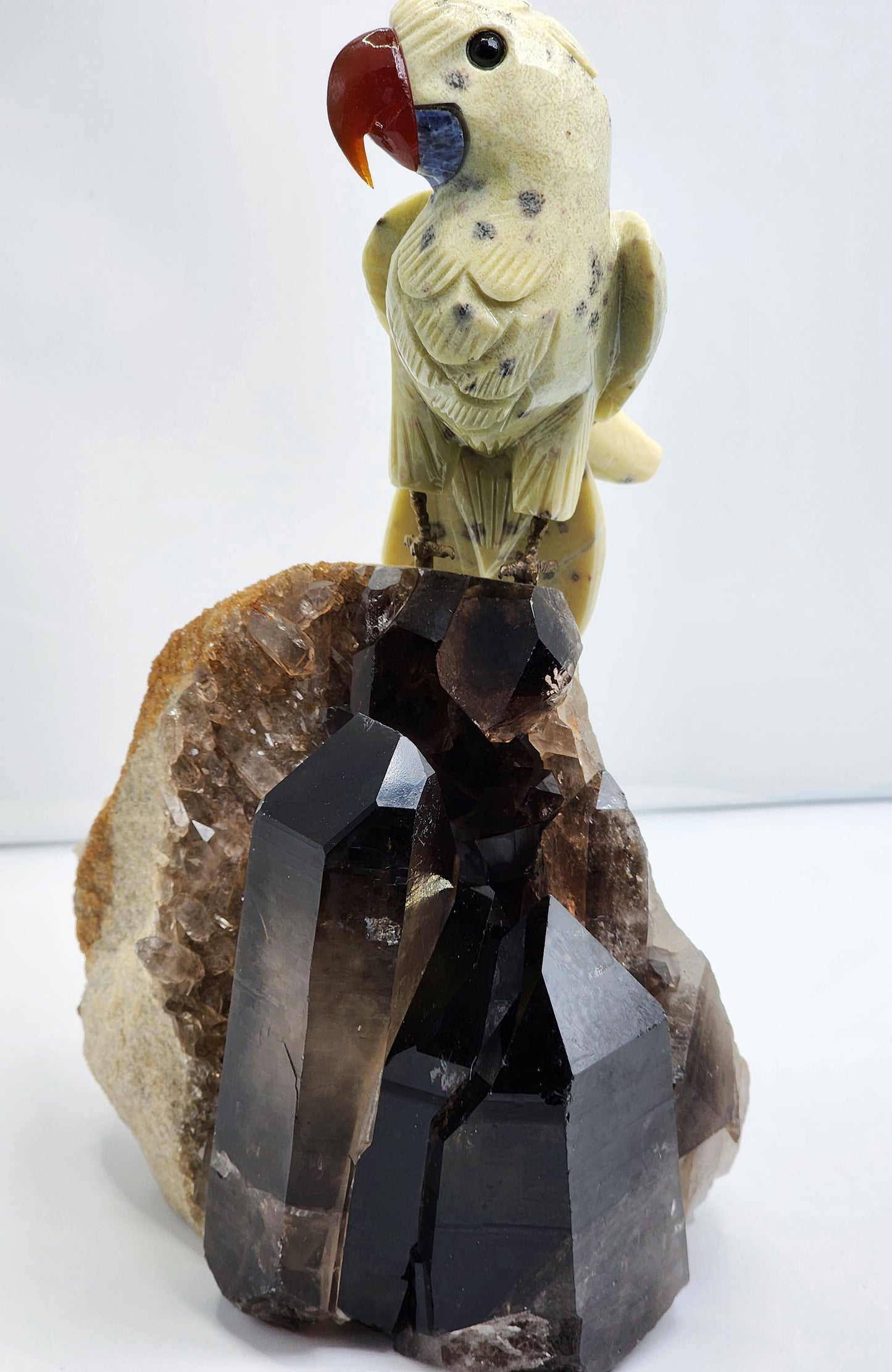 Large Yellow Jasper Parrot on Smokey Quartz Cluster Base Large 6Lbs qualifies for free shipping