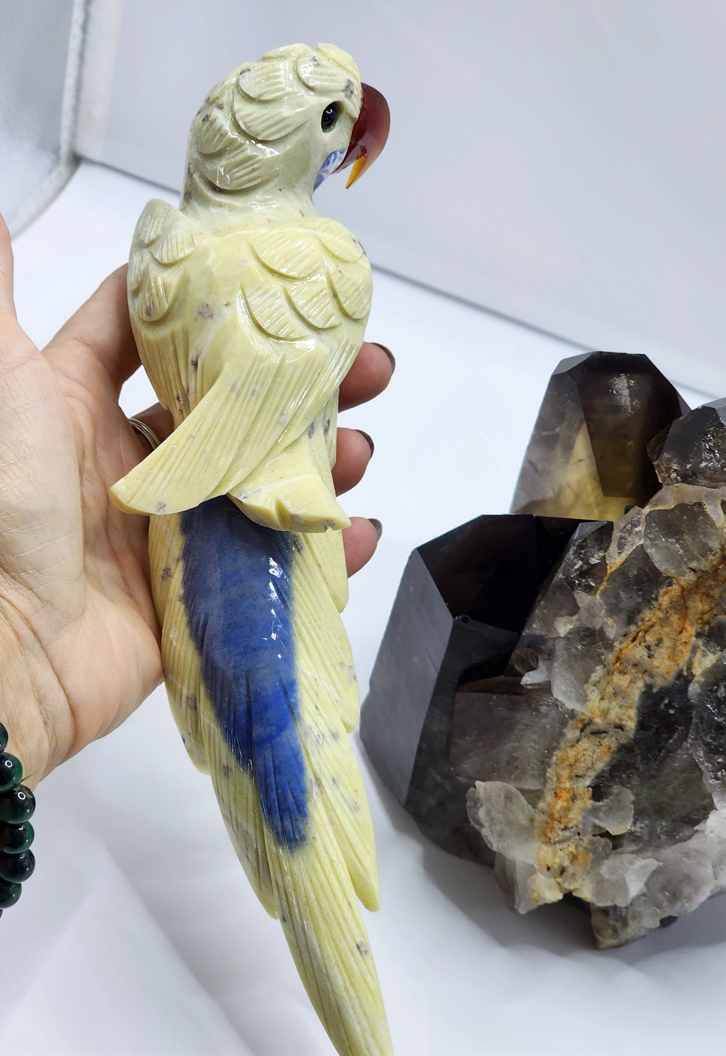 Large Yellow Jasper Parrot on Smokey Quartz Cluster Base Large 6Lbs qualifies for free shipping