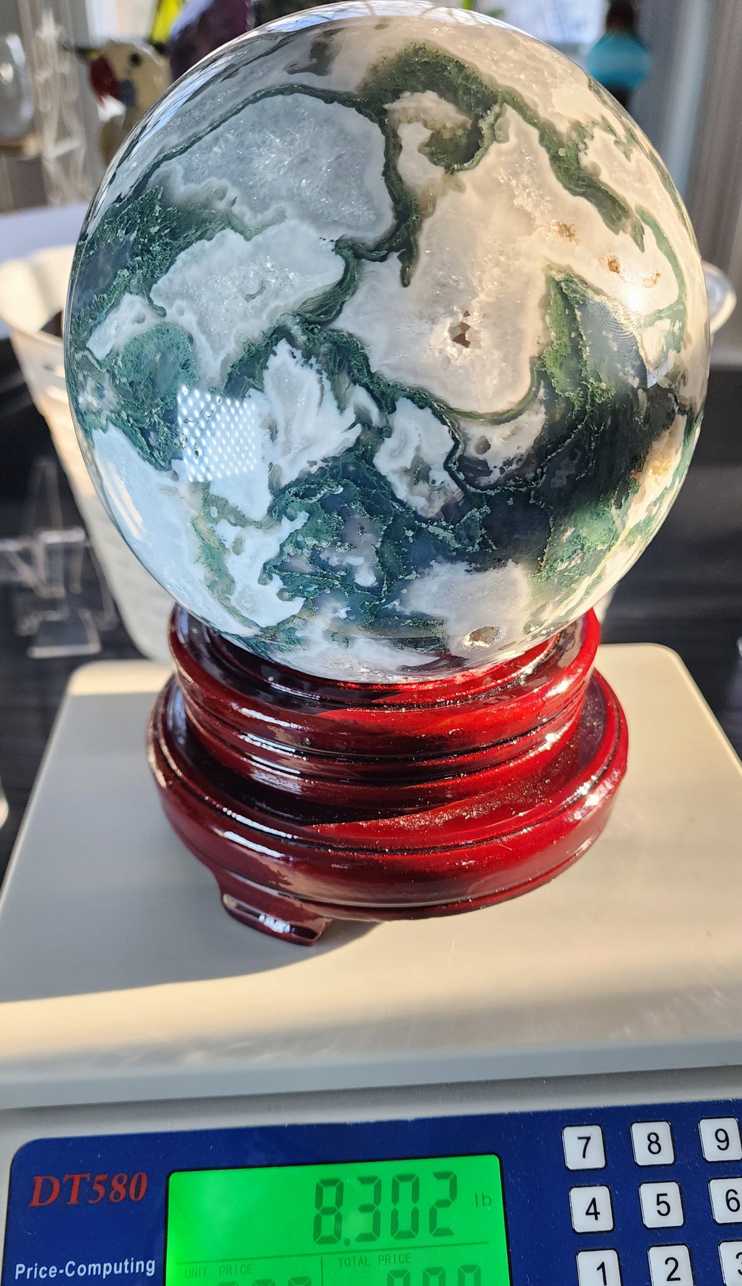 Large Moss Agate Sphere 125mm over 8lbs qualifies for free shipping