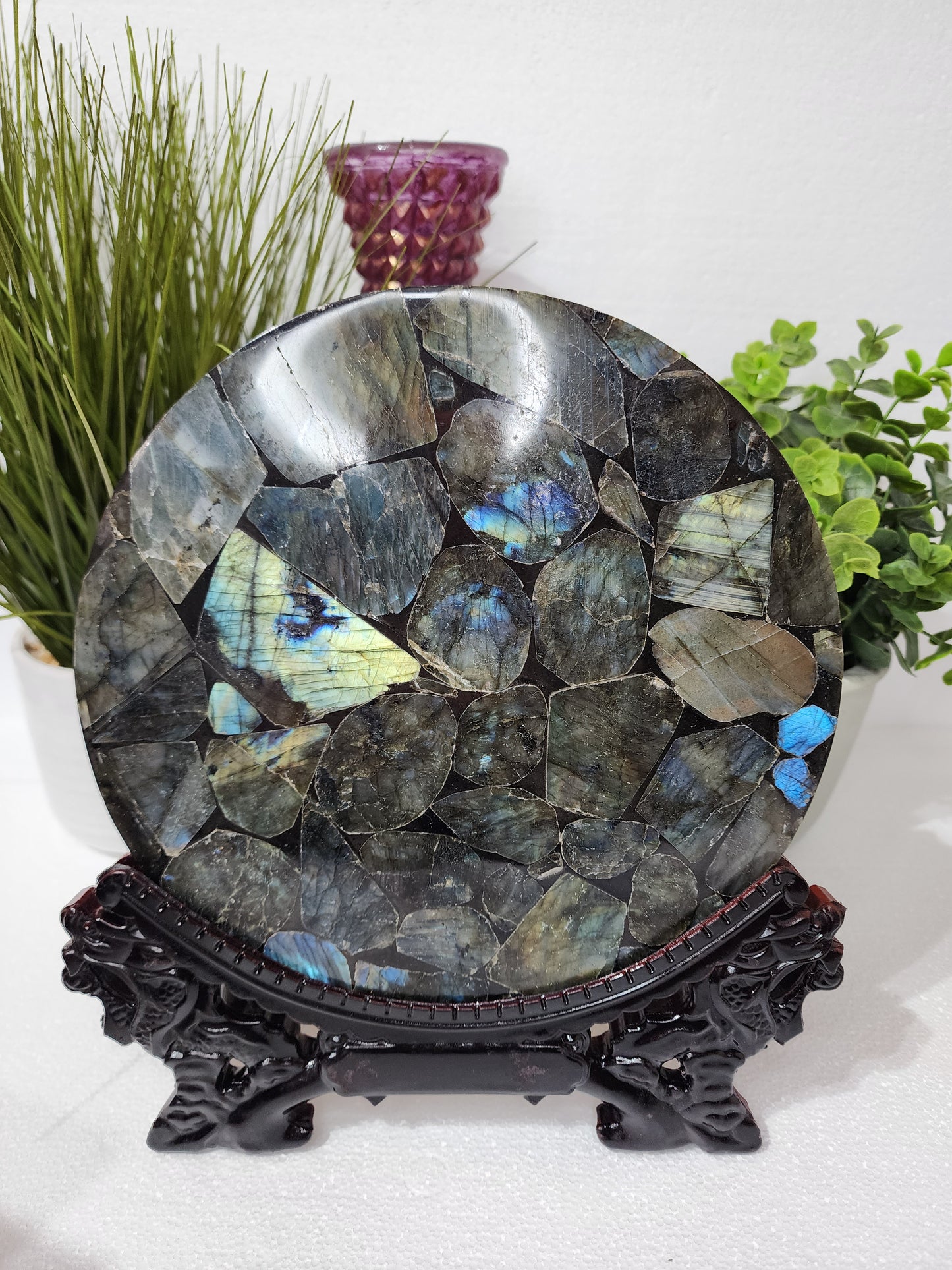 Large Round Labradorite Plate/Slab With Stand 1.5lbs qualifies for free shipping
