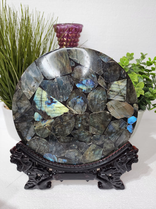 Large Round Labradorite Plate/Slab With Stand 1.5lbs qualifies for free shipping