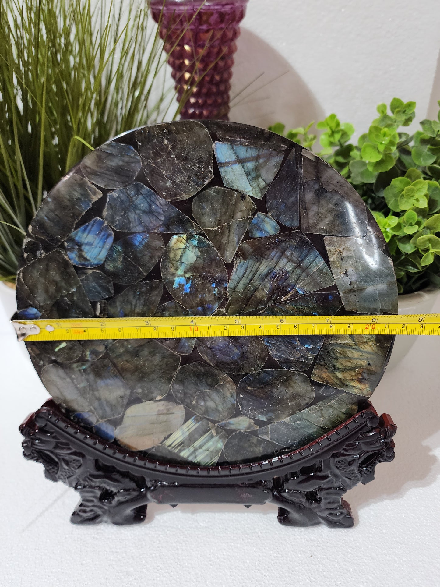 Large Round Labradorite Plate/Slab With Stand 1.5lbs qualifies for free shipping
