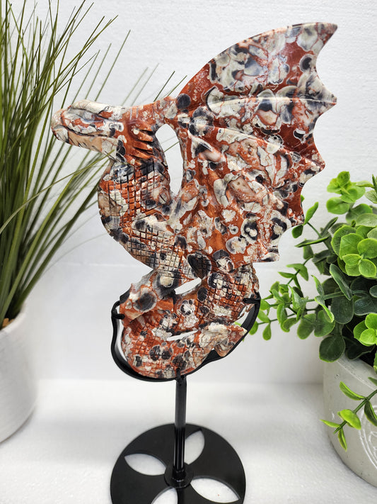 Large Money Agate Dragon Carving on Stand over 1lb qualifies for free shipping