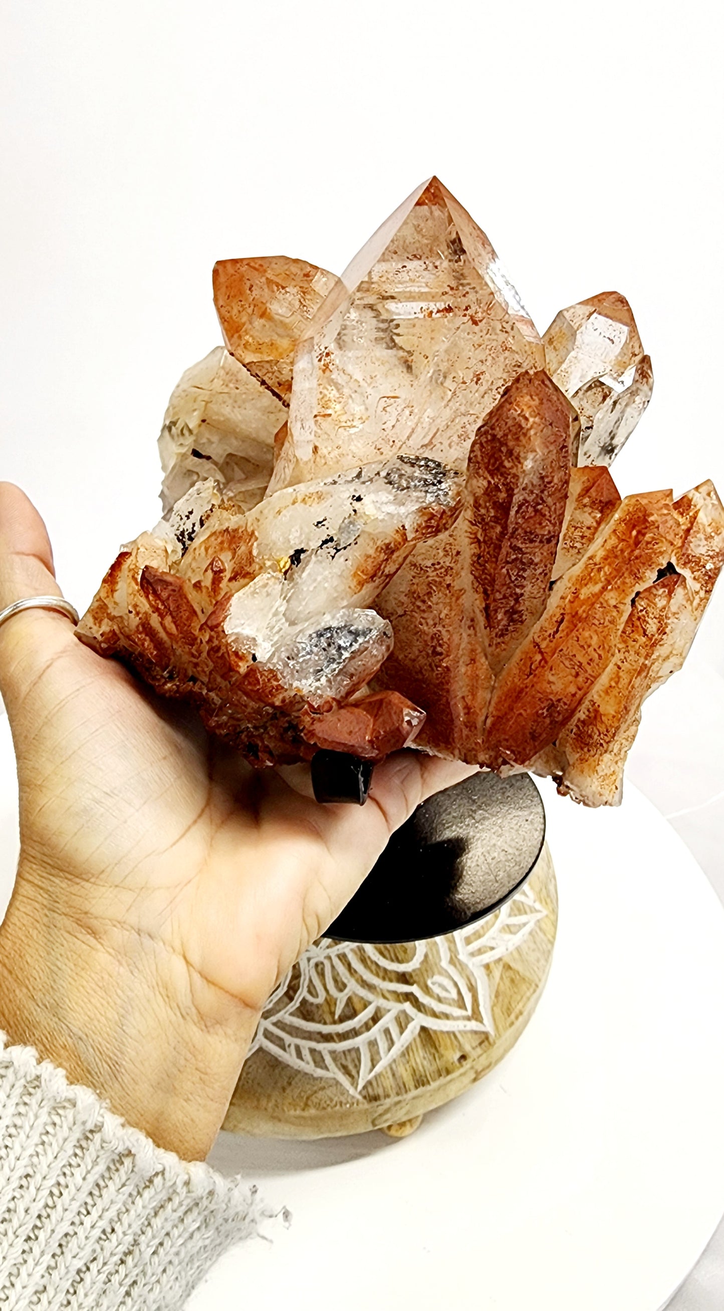 Large Red Mud Quartz Cluster W/ Black Iron Mineral inclusions