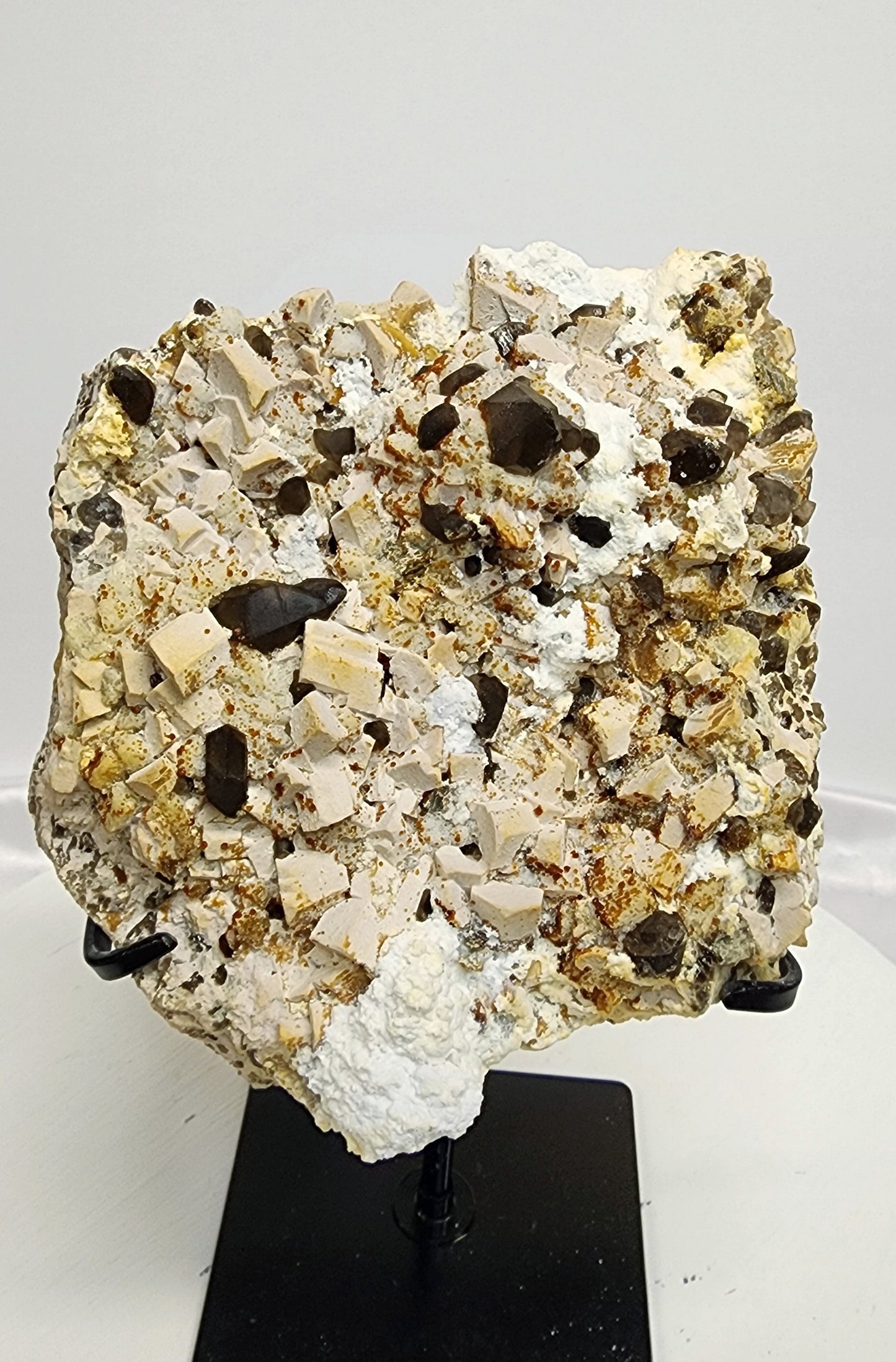 Large Amber Calcite W/ Smoky Inclusion and Aroganite on Metal Stand UV over 3.5lbs