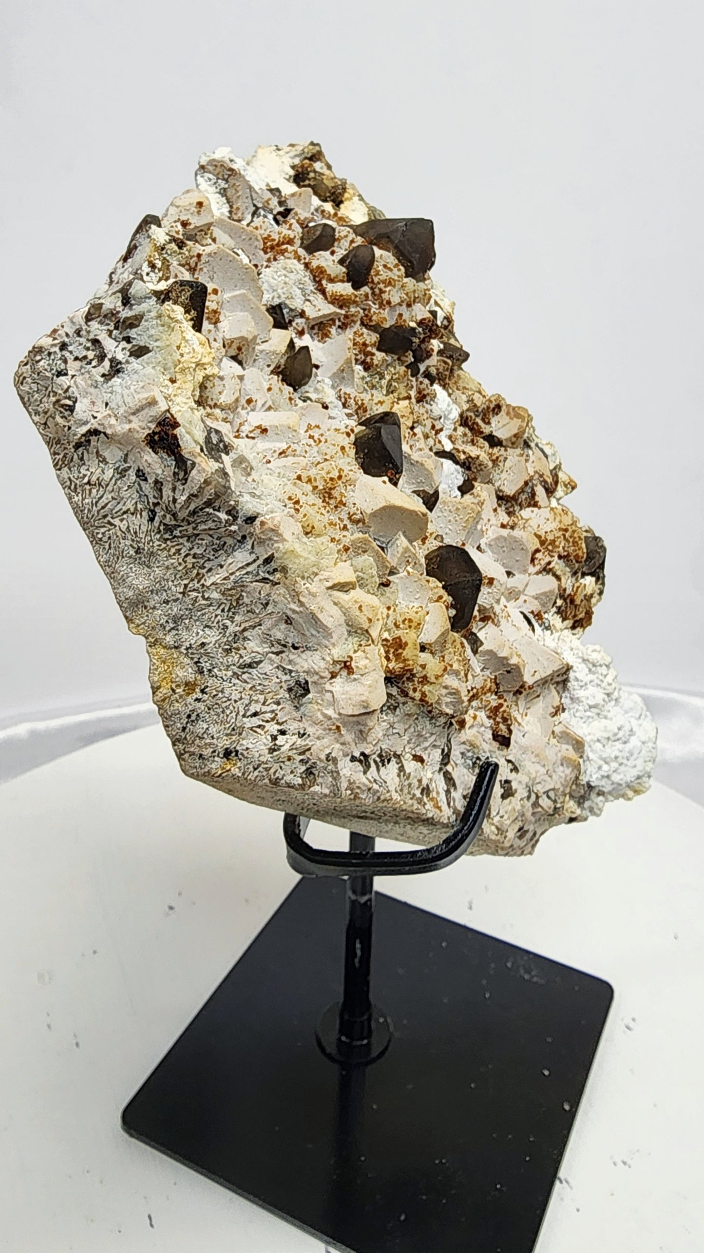 Large Amber Calcite W/ Smoky Inclusion and Aroganite on Metal Stand UV over 3.5lbs