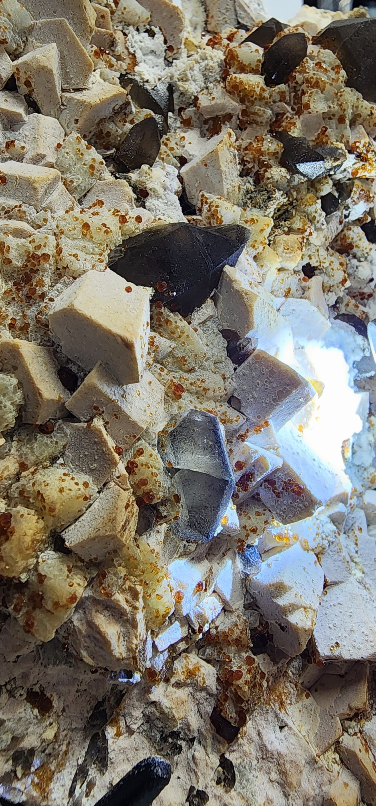 Large Amber Calcite W/ Smoky Inclusion and Aroganite on Metal Stand UV over 3.5lbs