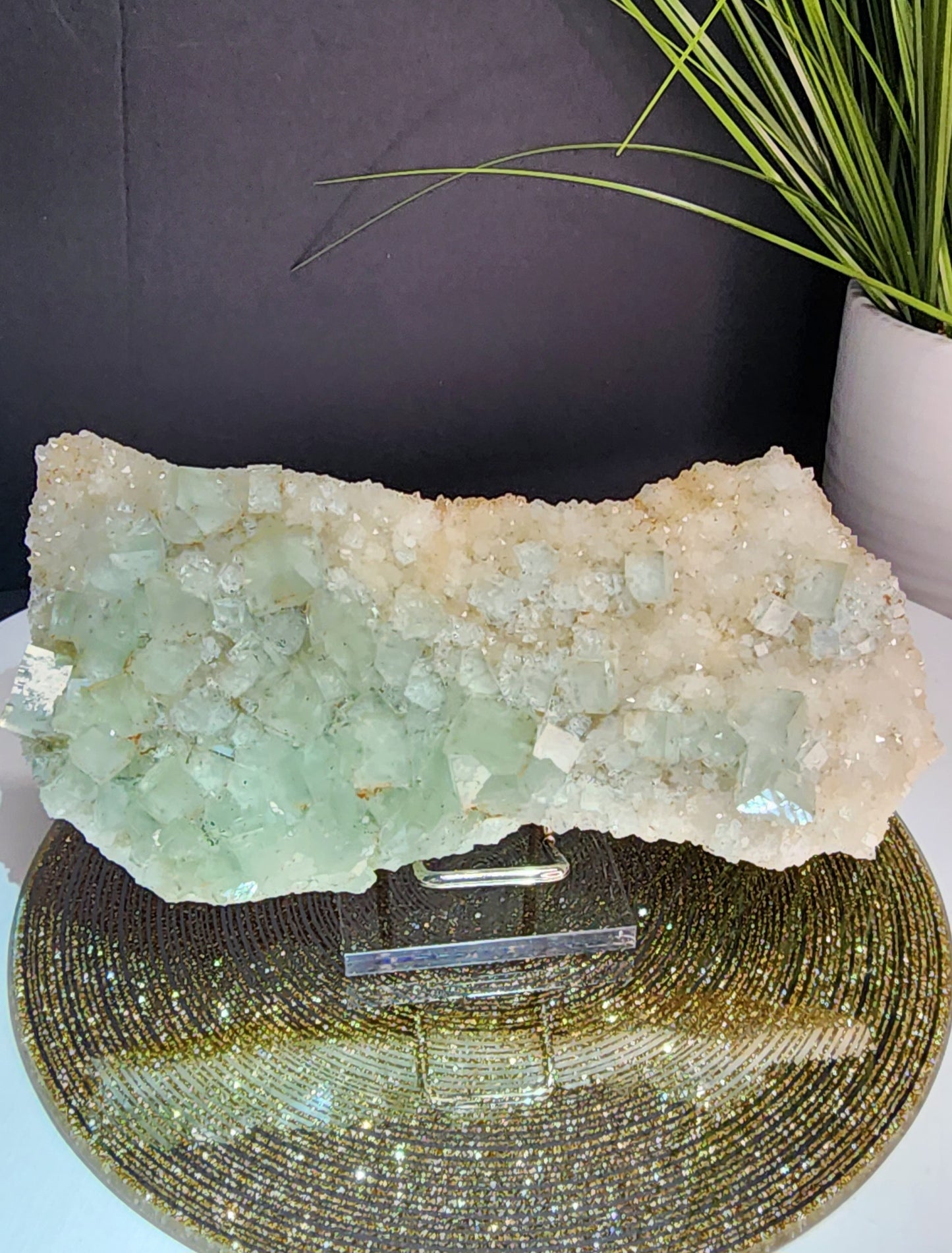 Large Green Cube Blue Phantom Specimen with Golden Healer/Quartz Druzy
