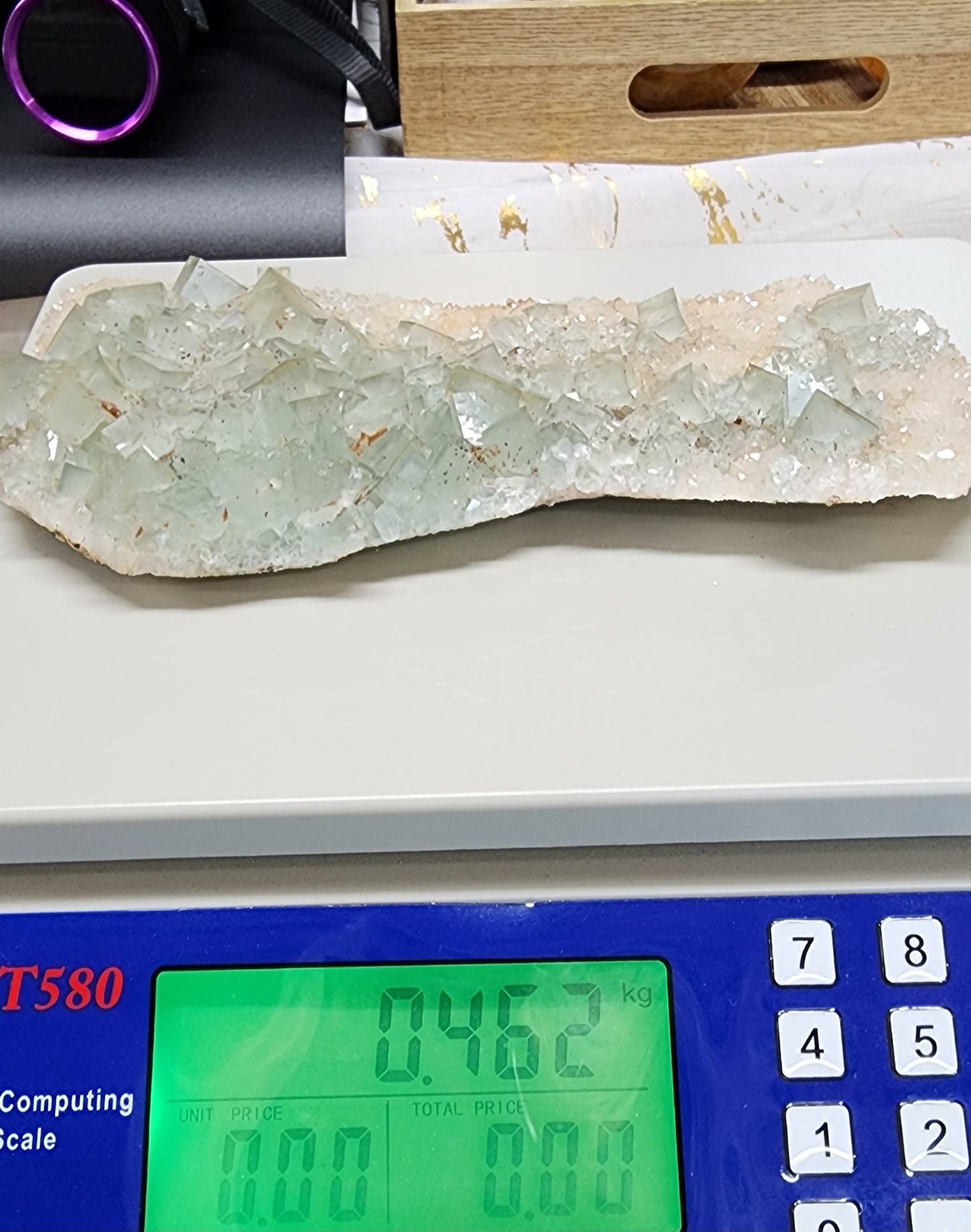 Large Green Cube Blue Phantom Specimen with Golden Healer/Quartz Druzy