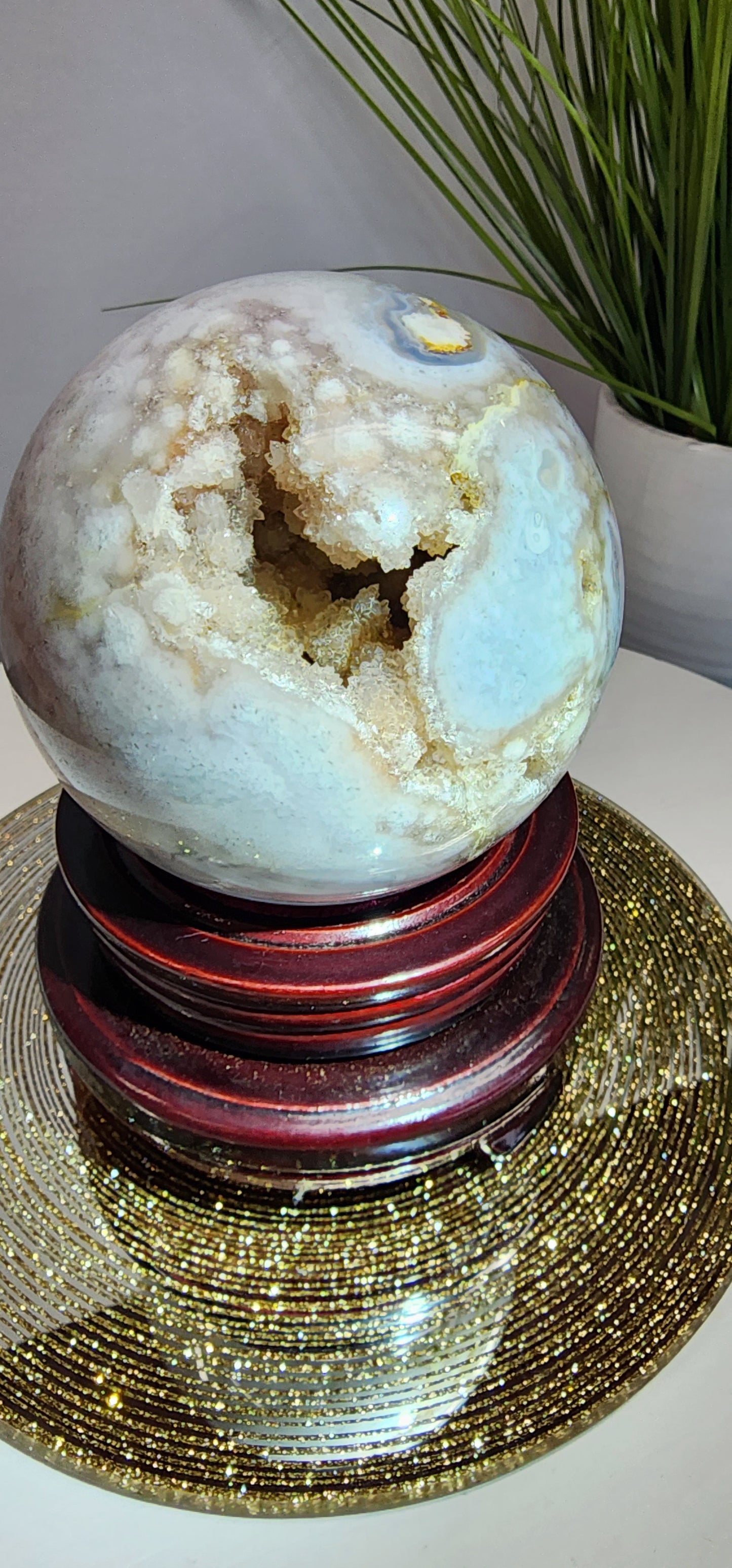 Large Druzy Pink Amethyst and Blue Flower Agate Sphere