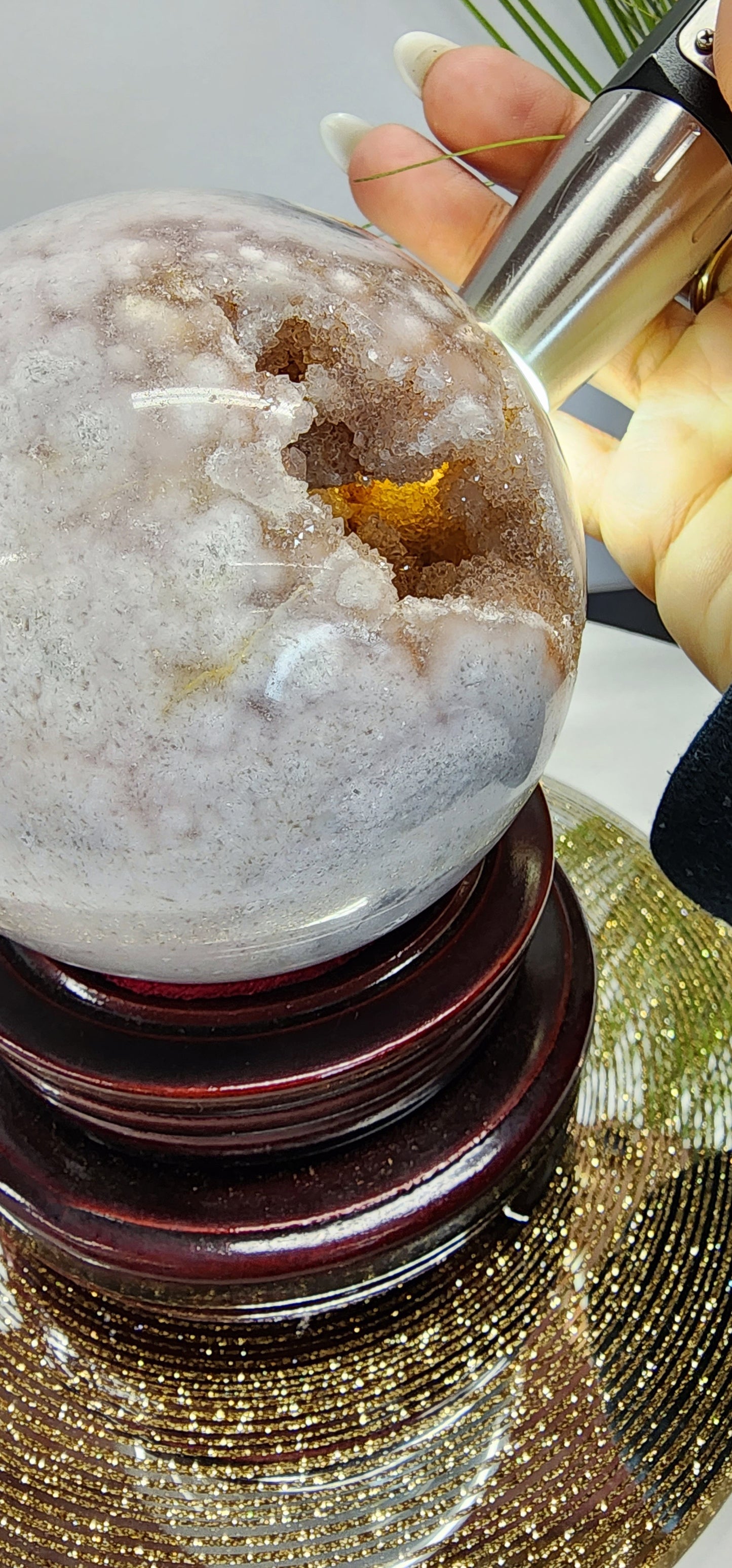 Large Druzy Pink Amethyst and Blue Flower Agate Sphere