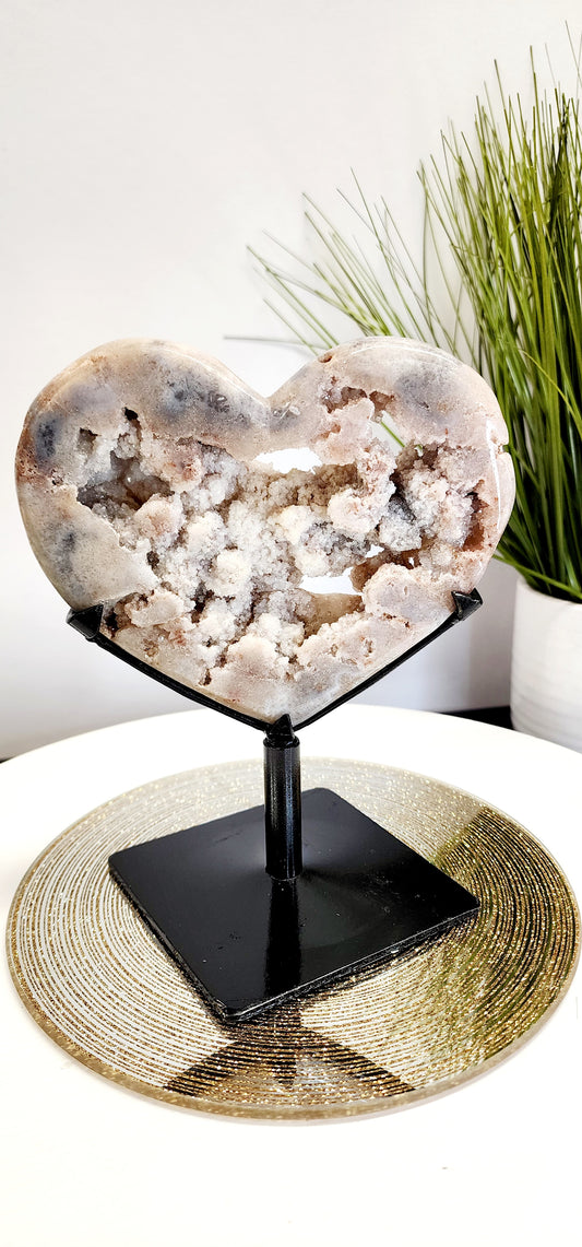 Large Druzy Portal Pink Amethyst Heart with Metal Spin stand