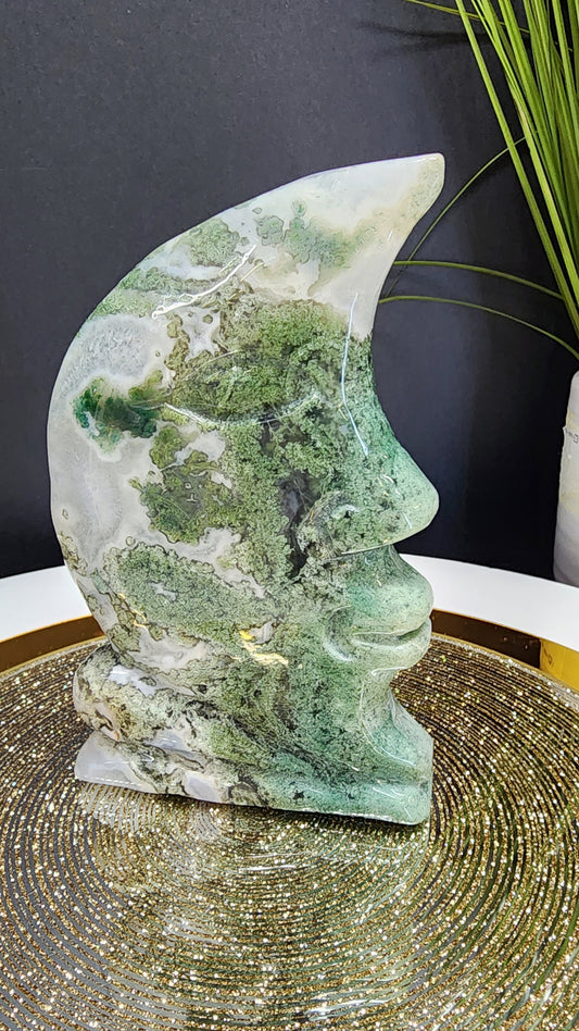 Moss Agate Moon face Carving