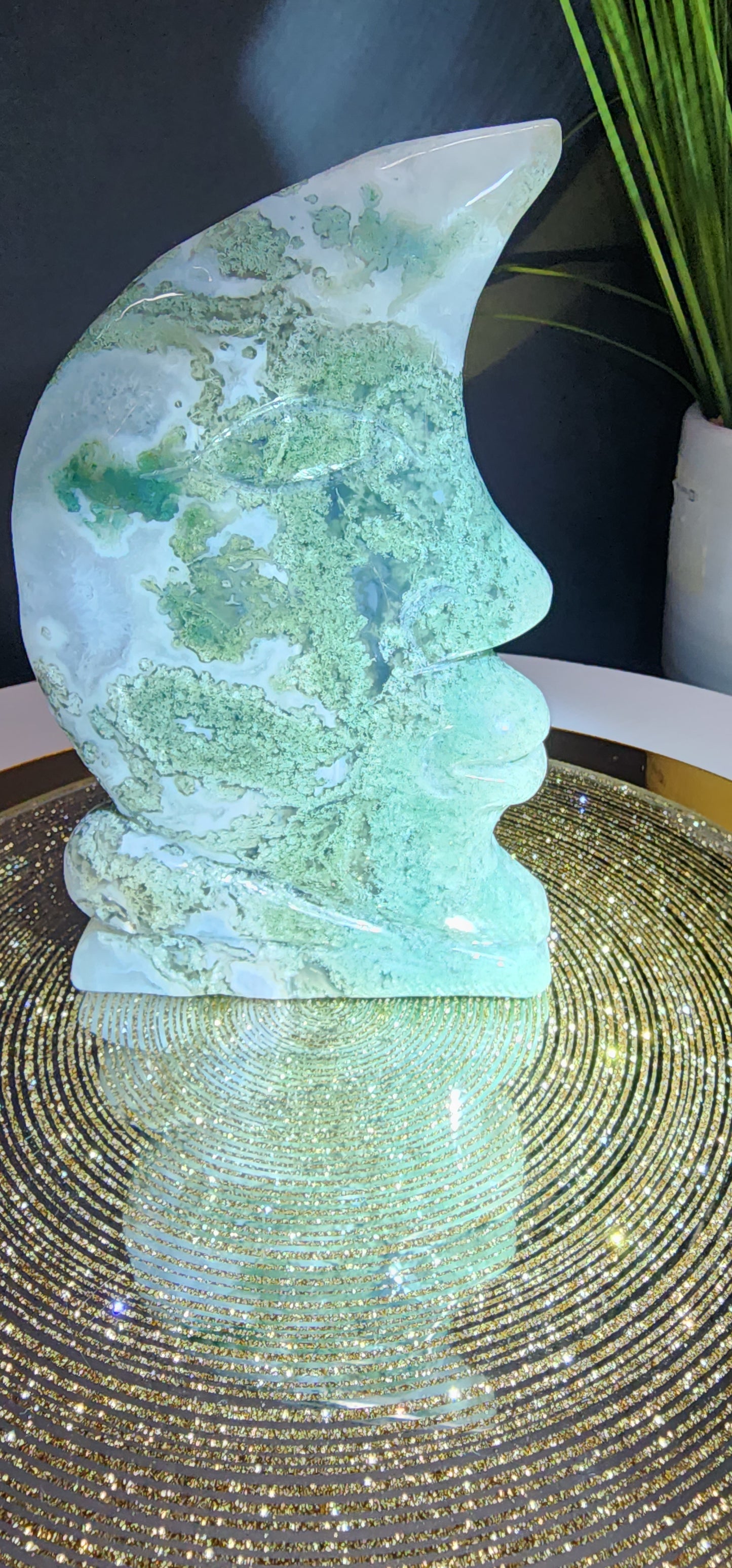 Moss Agate Moon face Carving