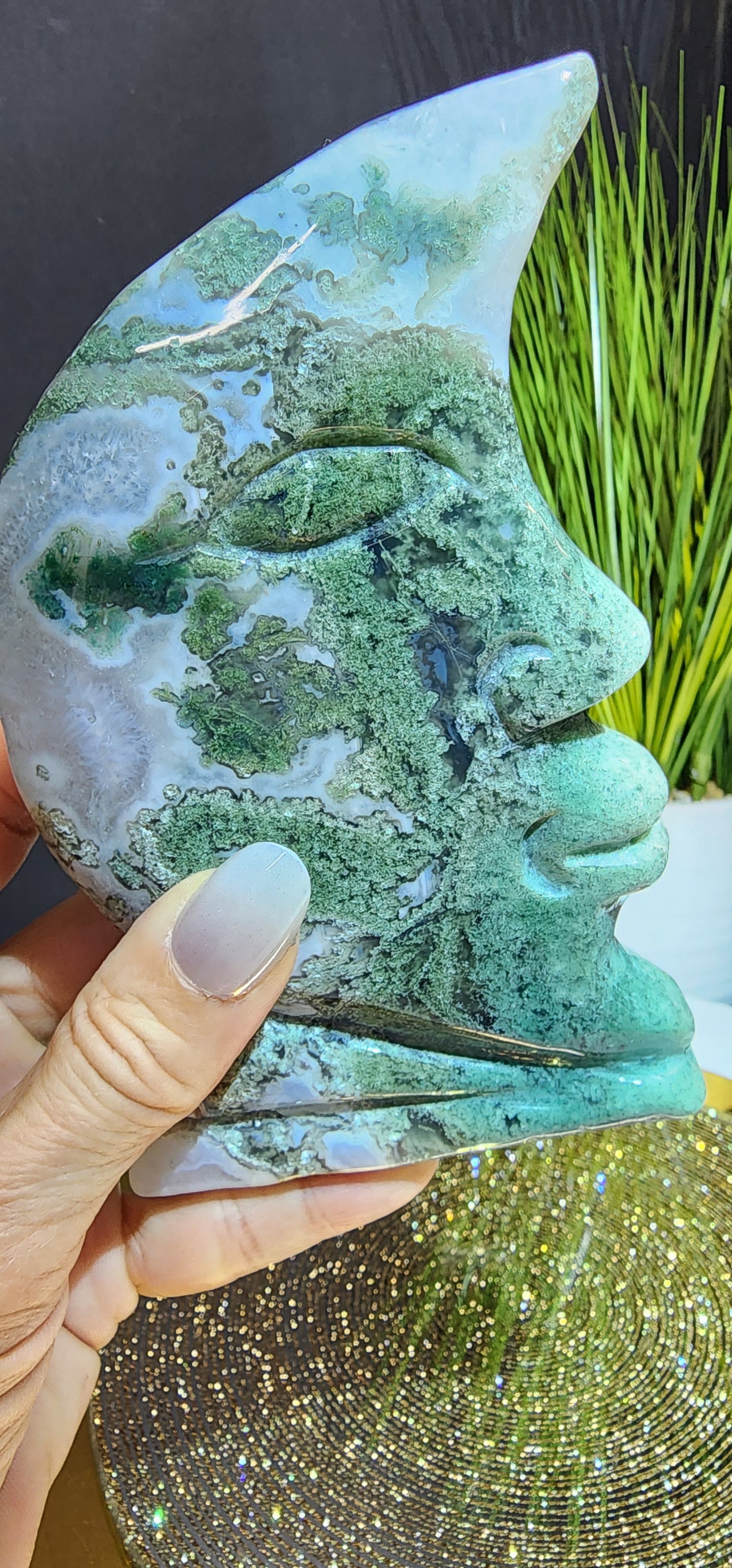 Moss Agate Moon face Carving