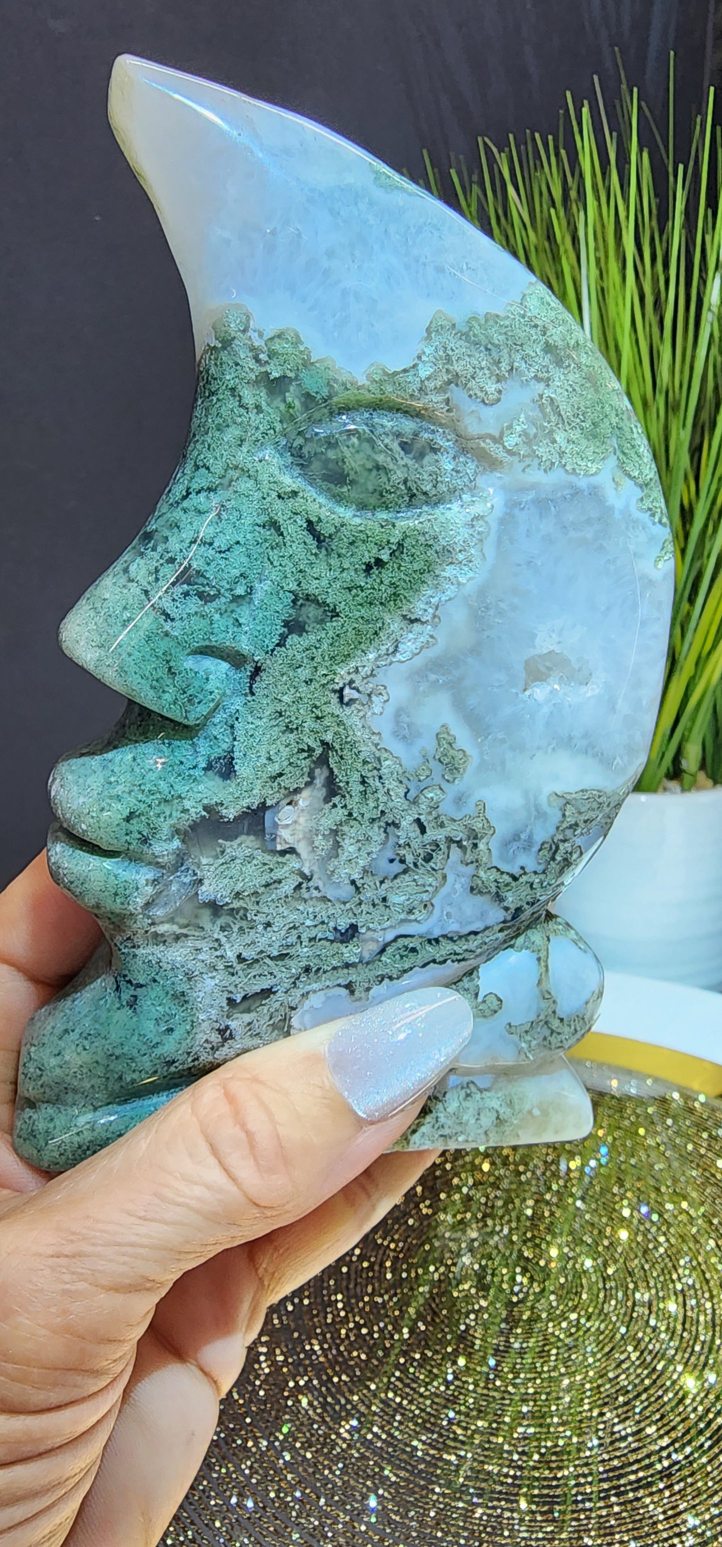 Moss Agate Moon face Carving