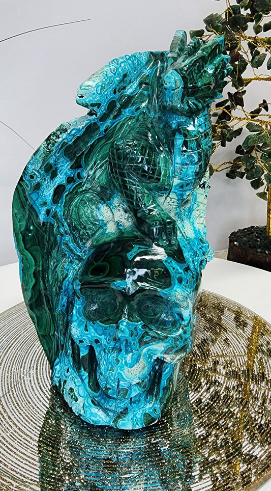 Chrysochola and Malachite Skull and Dragon carving