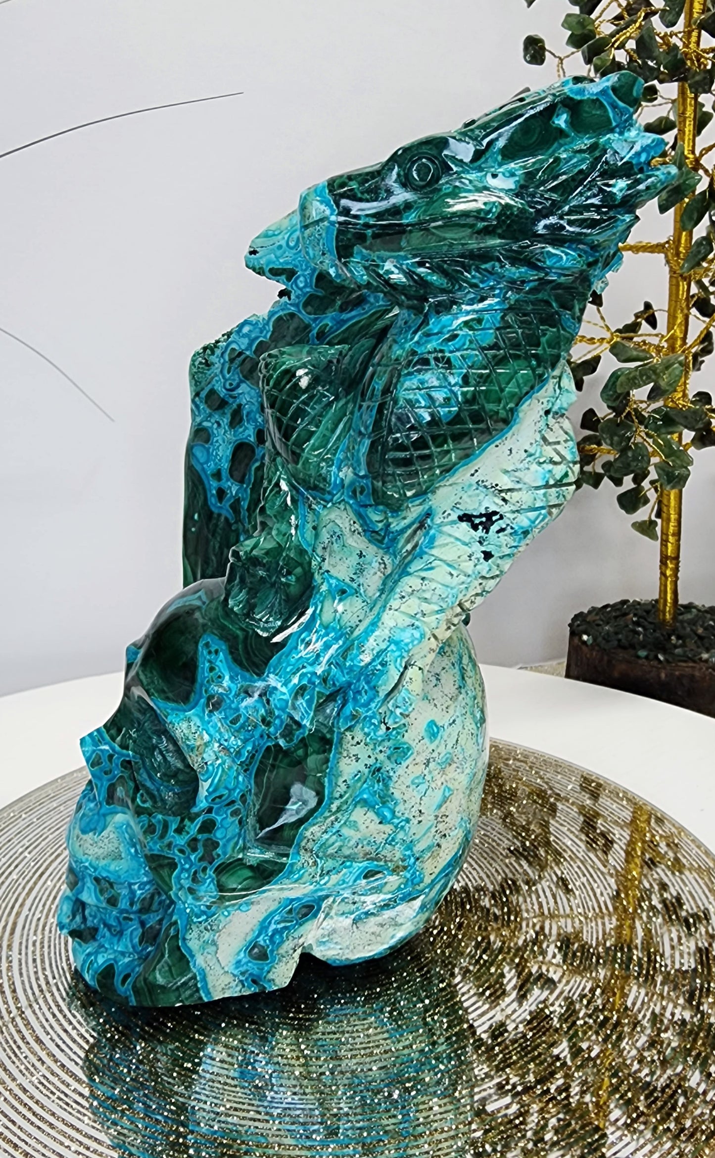 Chrysochola and Malachite Skull and Dragon carving