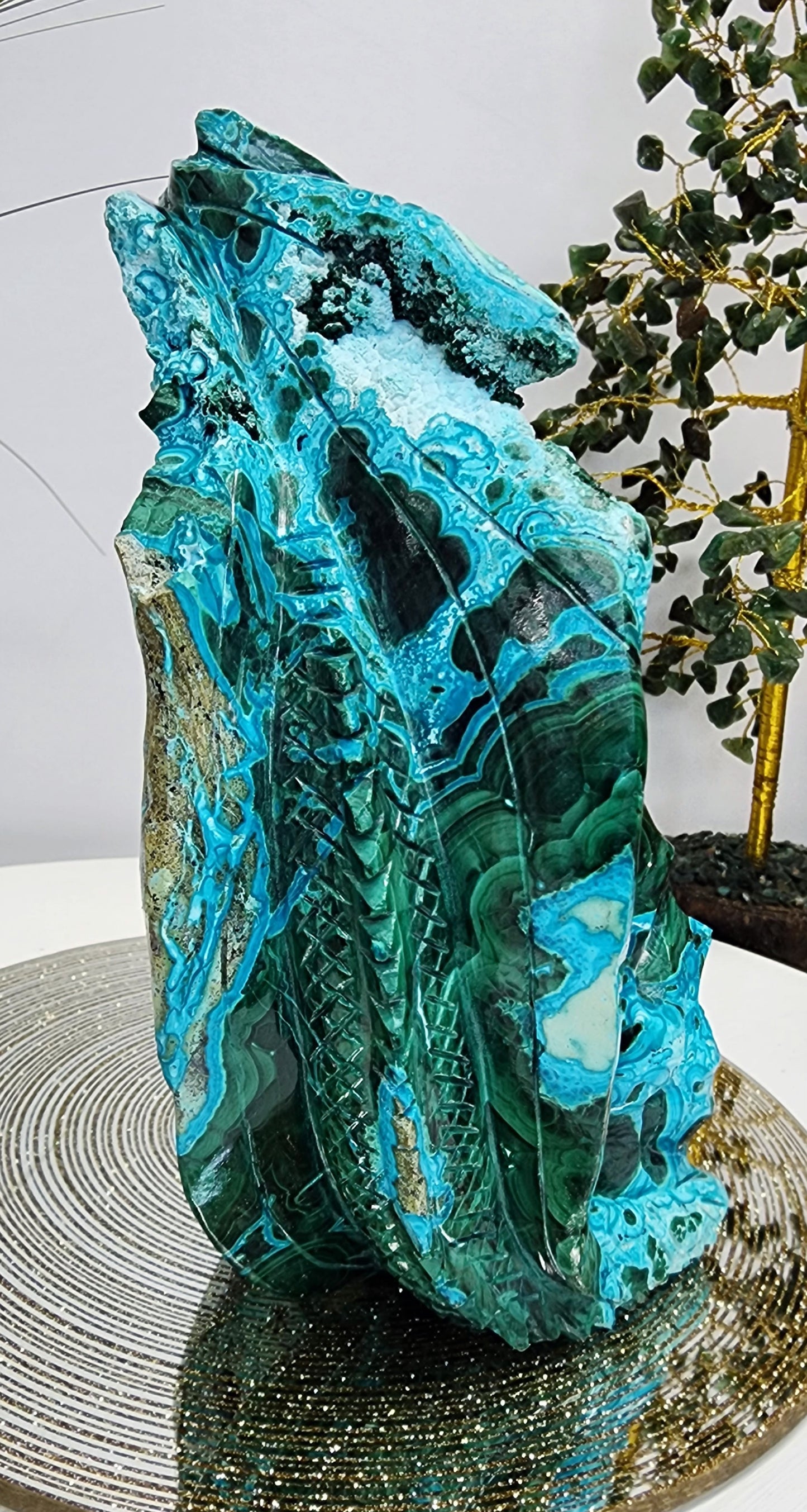 Chrysochola and Malachite Skull and Dragon carving
