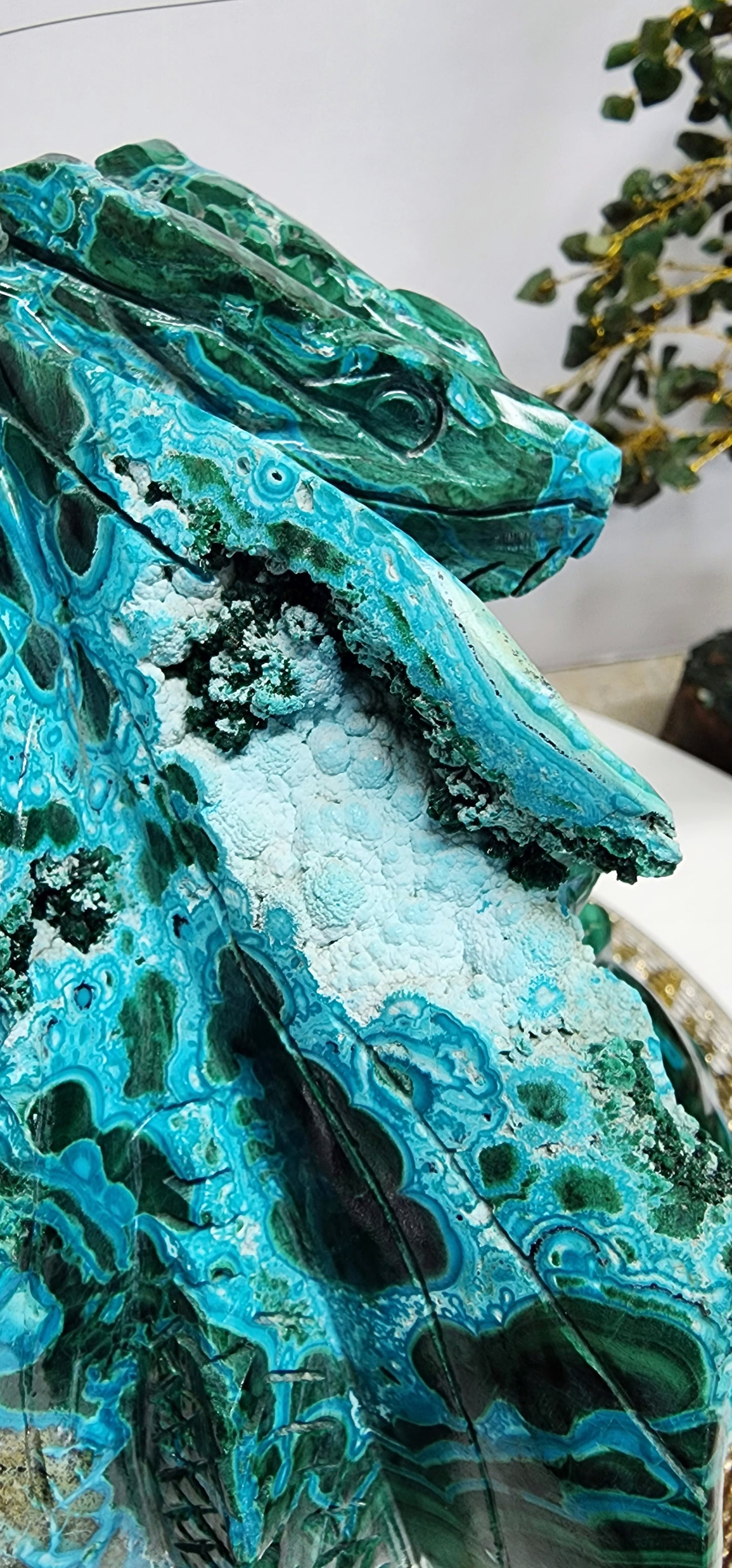 Chrysochola and Malachite Skull and Dragon carving