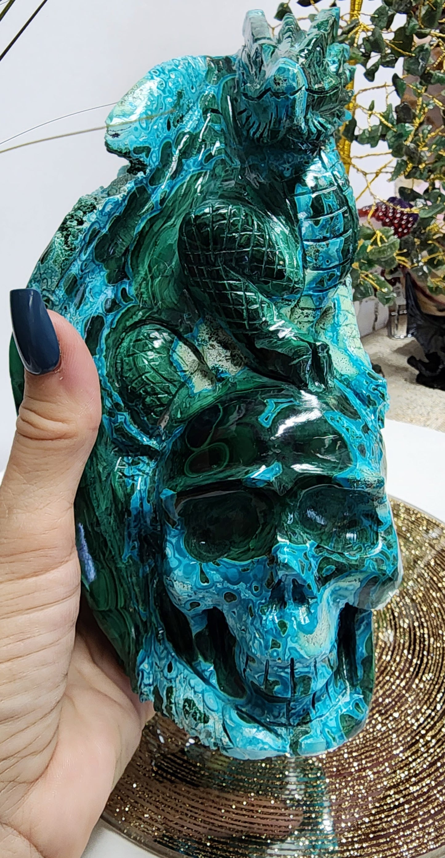 Chrysochola and Malachite Skull and Dragon carving