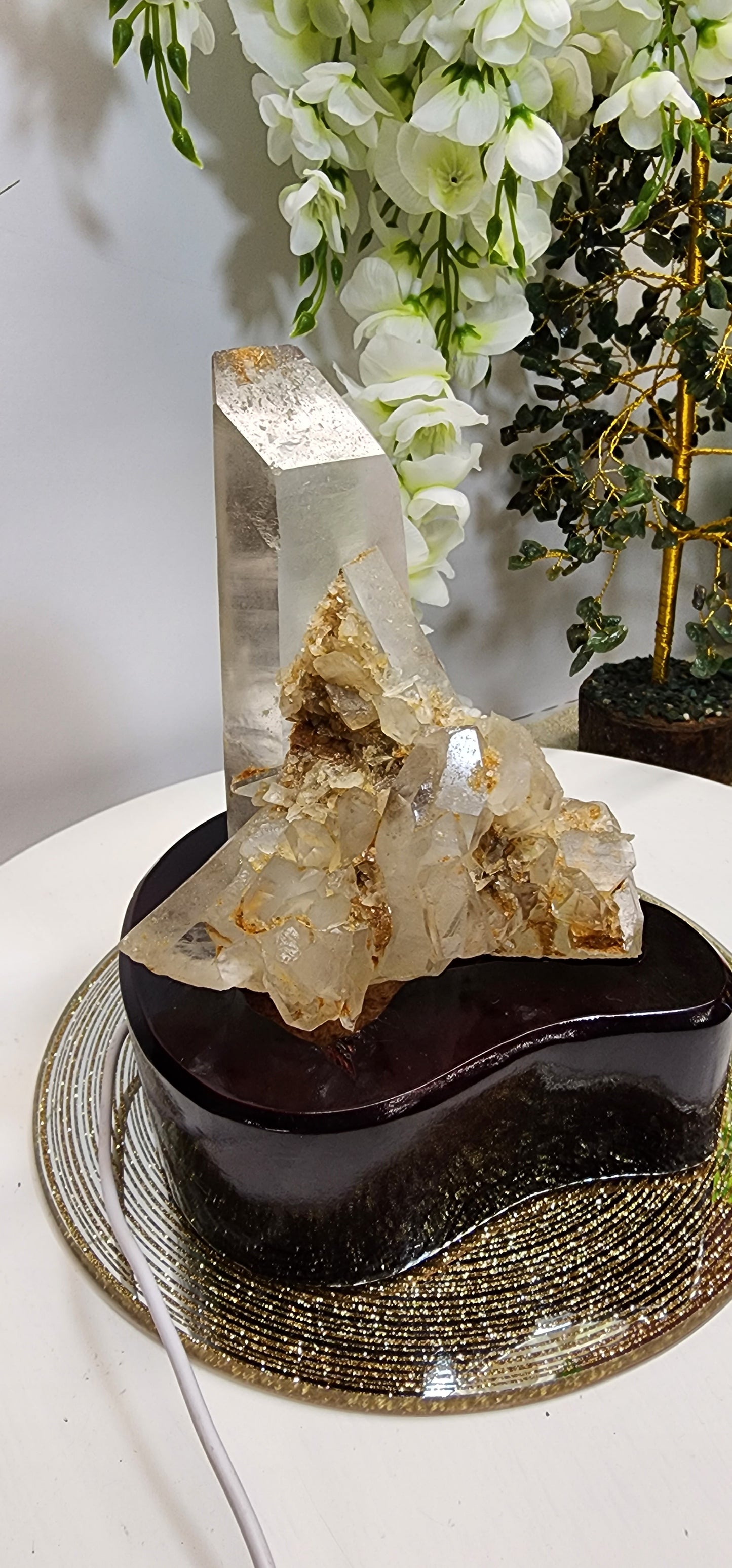 Quartz Cluster/ Specimen With Marcasite and Custome wood light base over 2.5lbs qualifies for free shipping