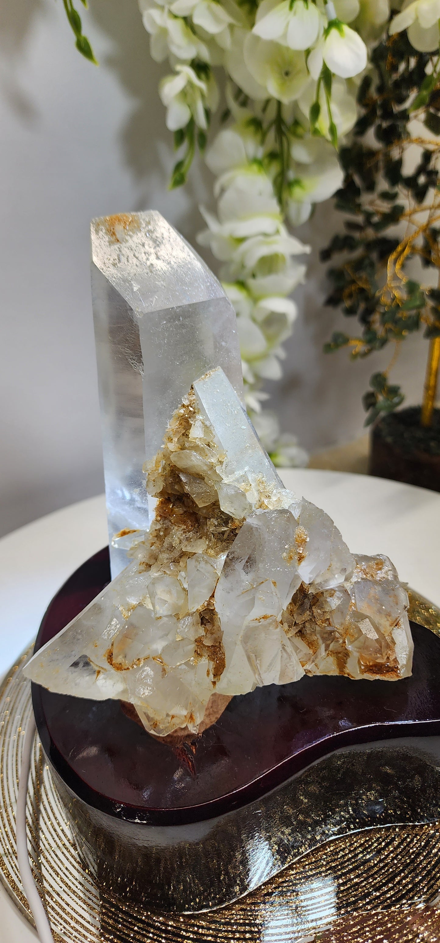 Quartz Cluster/ Specimen With Marcasite and Custome wood light base over 2.5lbs qualifies for free shipping