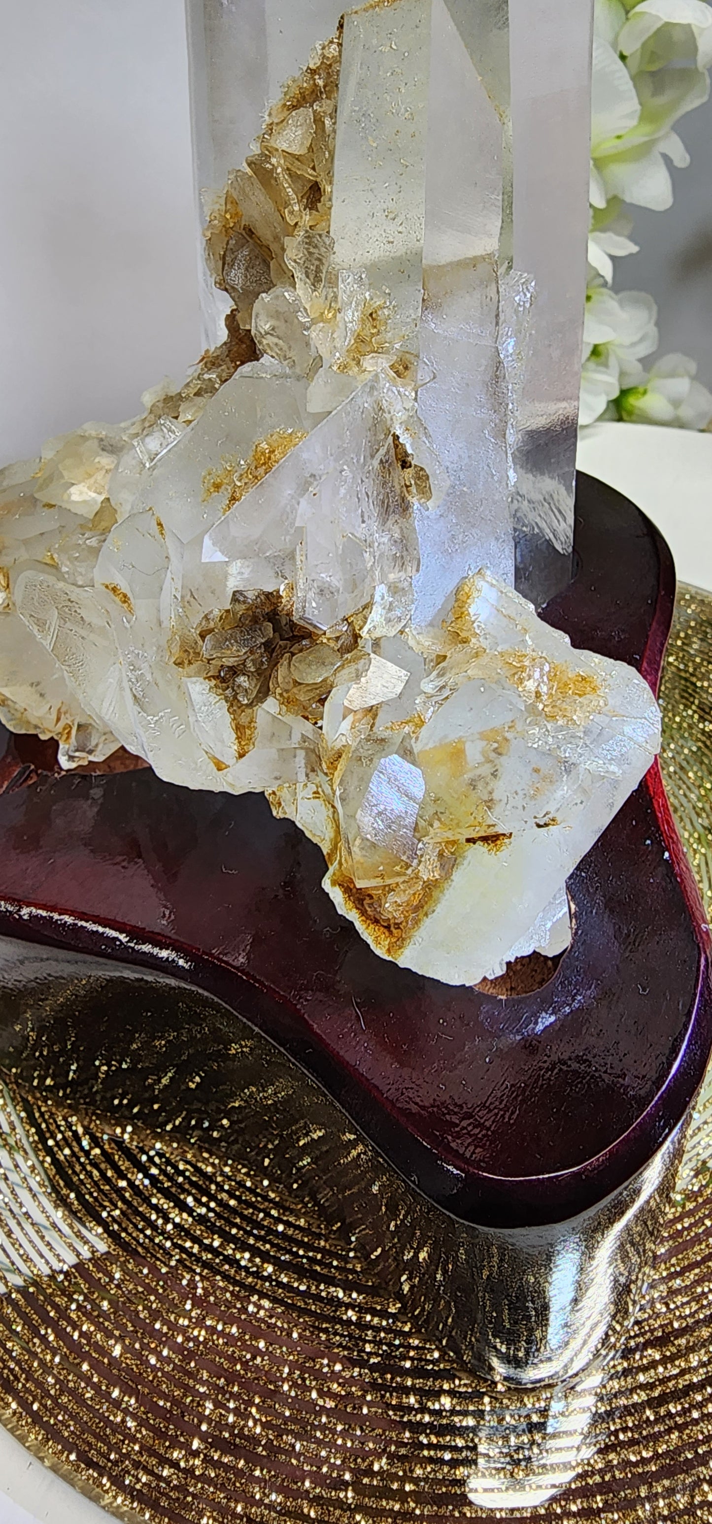 Quartz Cluster/ Specimen With Marcasite and Custome wood light base over 2.5lbs qualifies for free shipping