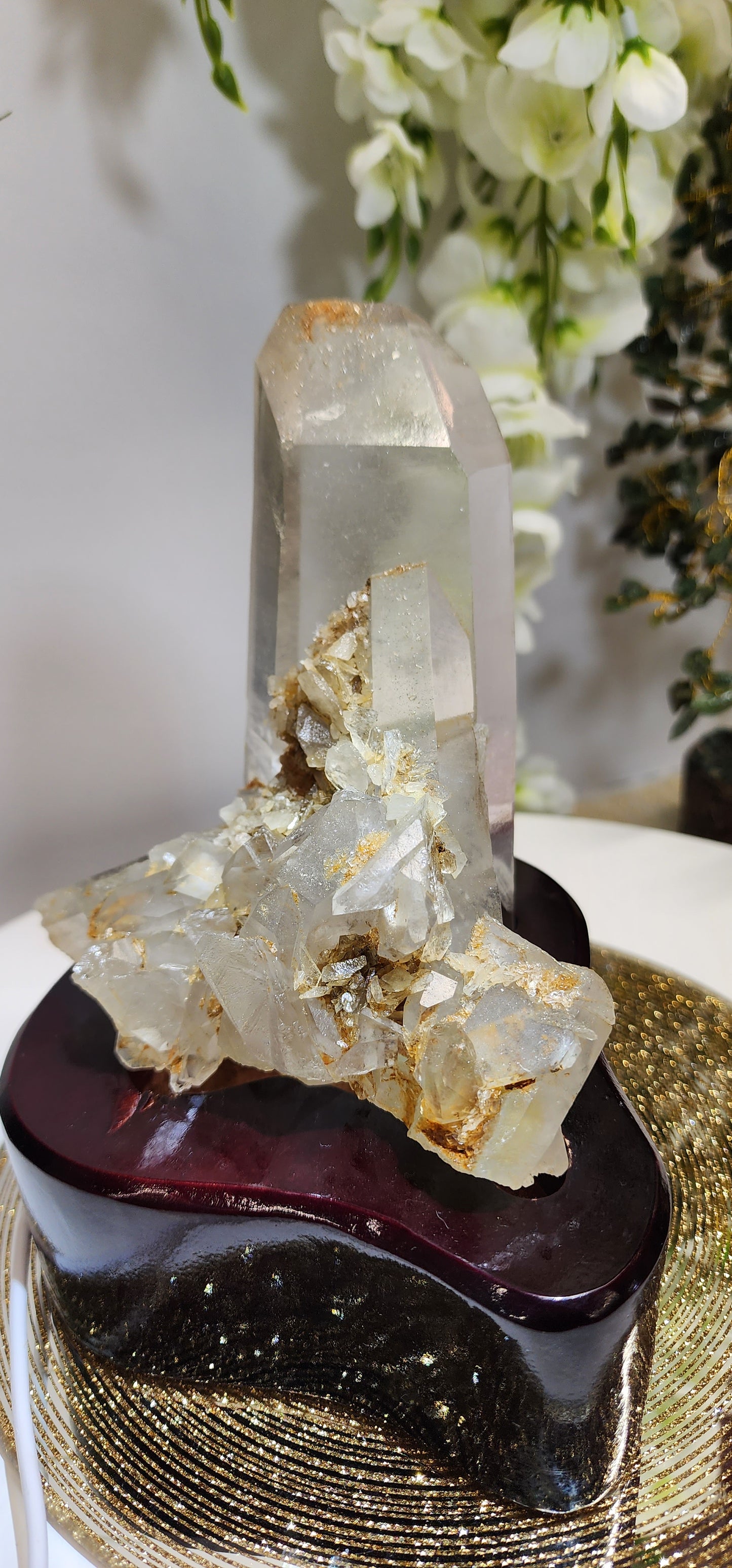 Quartz Cluster/ Specimen With Marcasite and Custome wood light base over 2.5lbs qualifies for free shipping