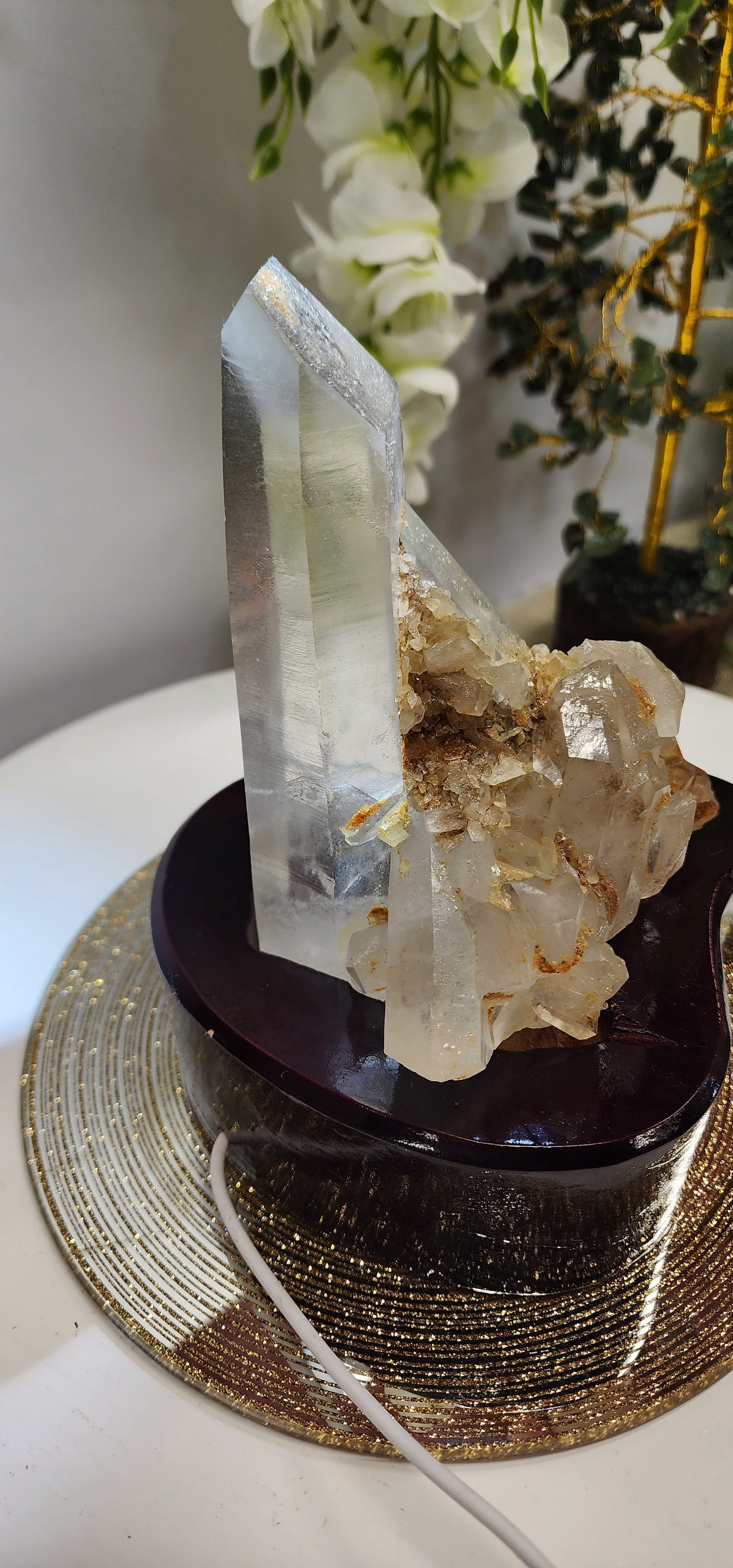 Quartz Cluster/ Specimen With Marcasite and Custome wood light base over 2.5lbs qualifies for free shipping
