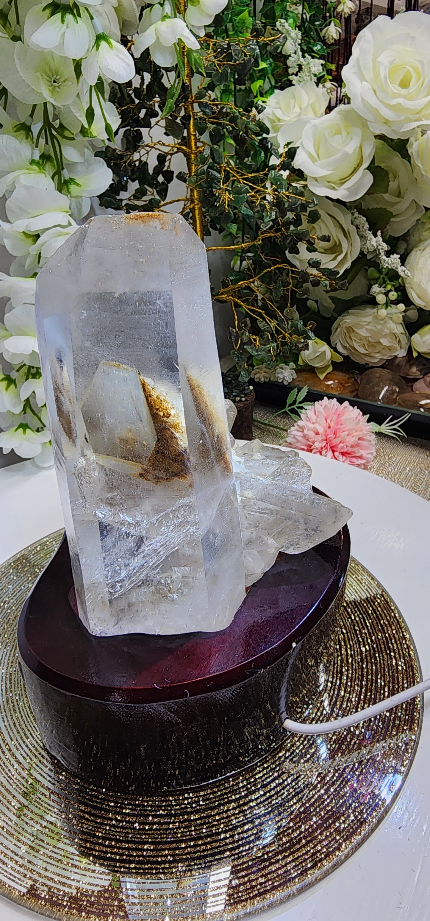 Quartz Cluster/ Specimen With Marcasite and Custome wood light base over 2.5lbs qualifies for free shipping
