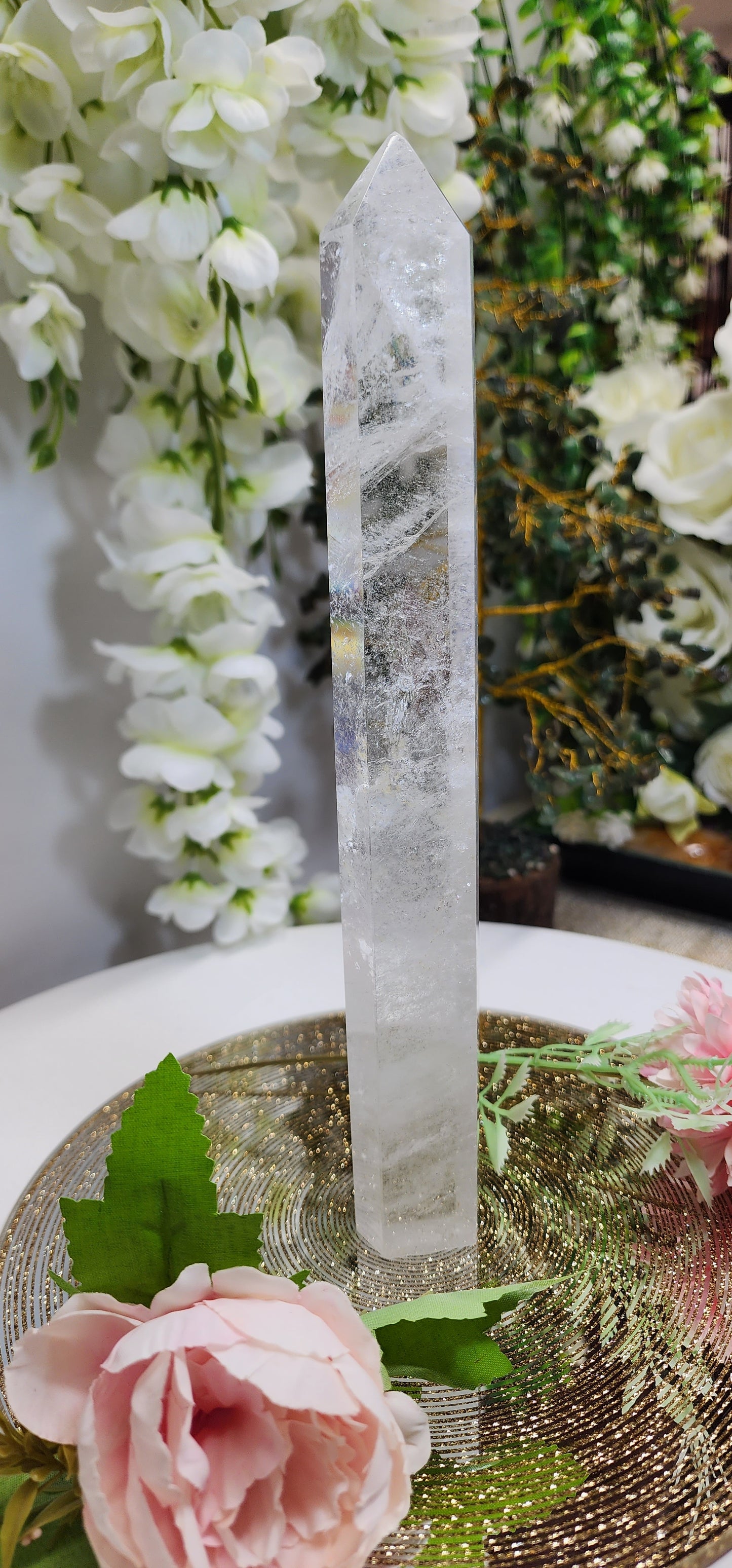 Tall Skinny Clear Quartz Tower With Rainbows and Phantom