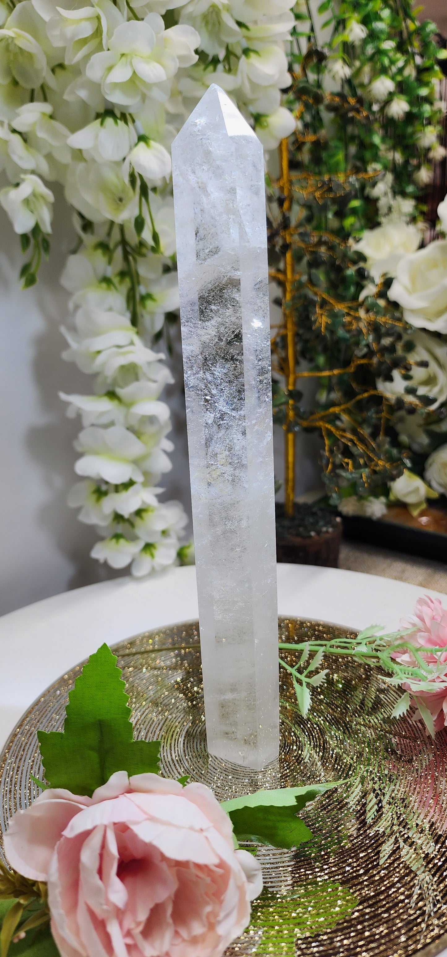 Tall Skinny Clear Quartz Tower With Rainbows and Phantom