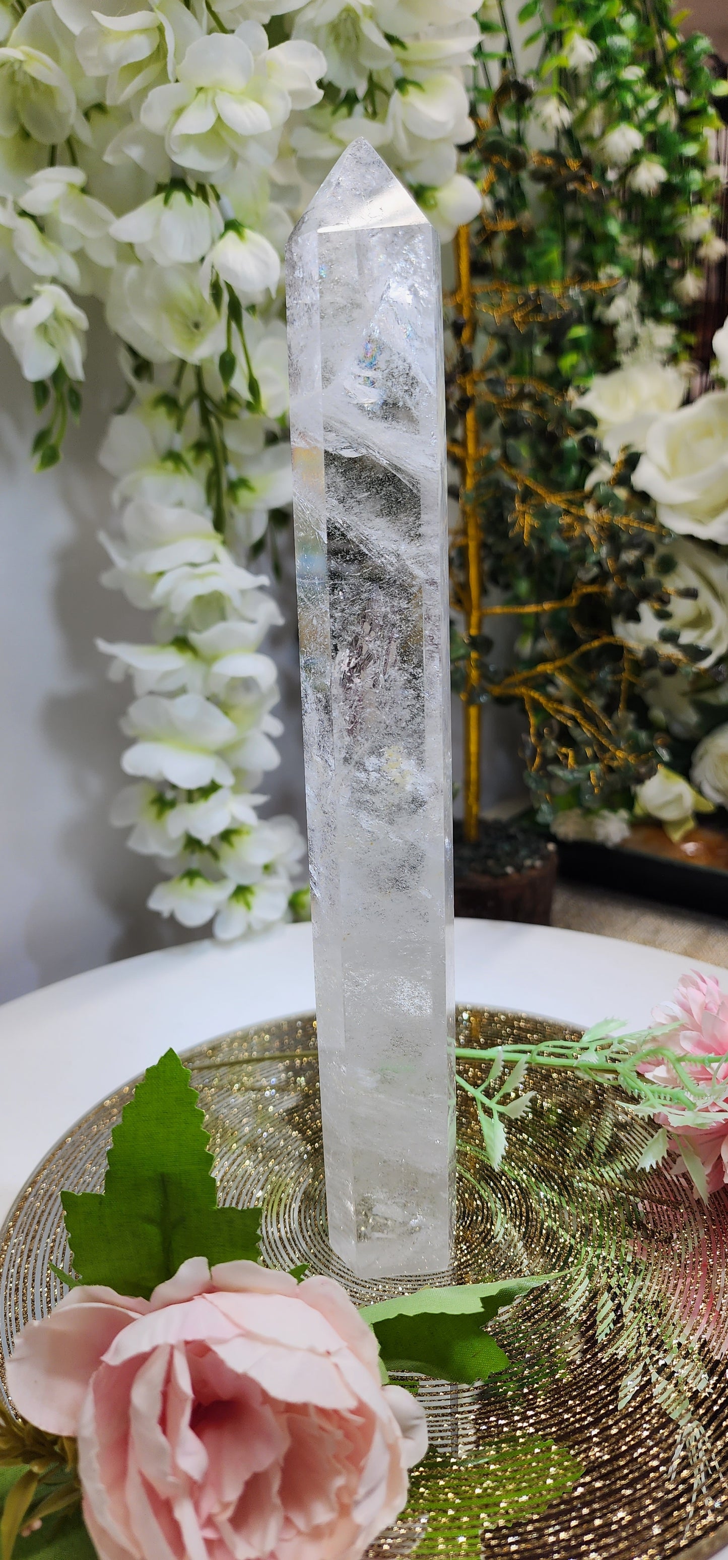 Tall Skinny Clear Quartz Tower With Rainbows and Phantom
