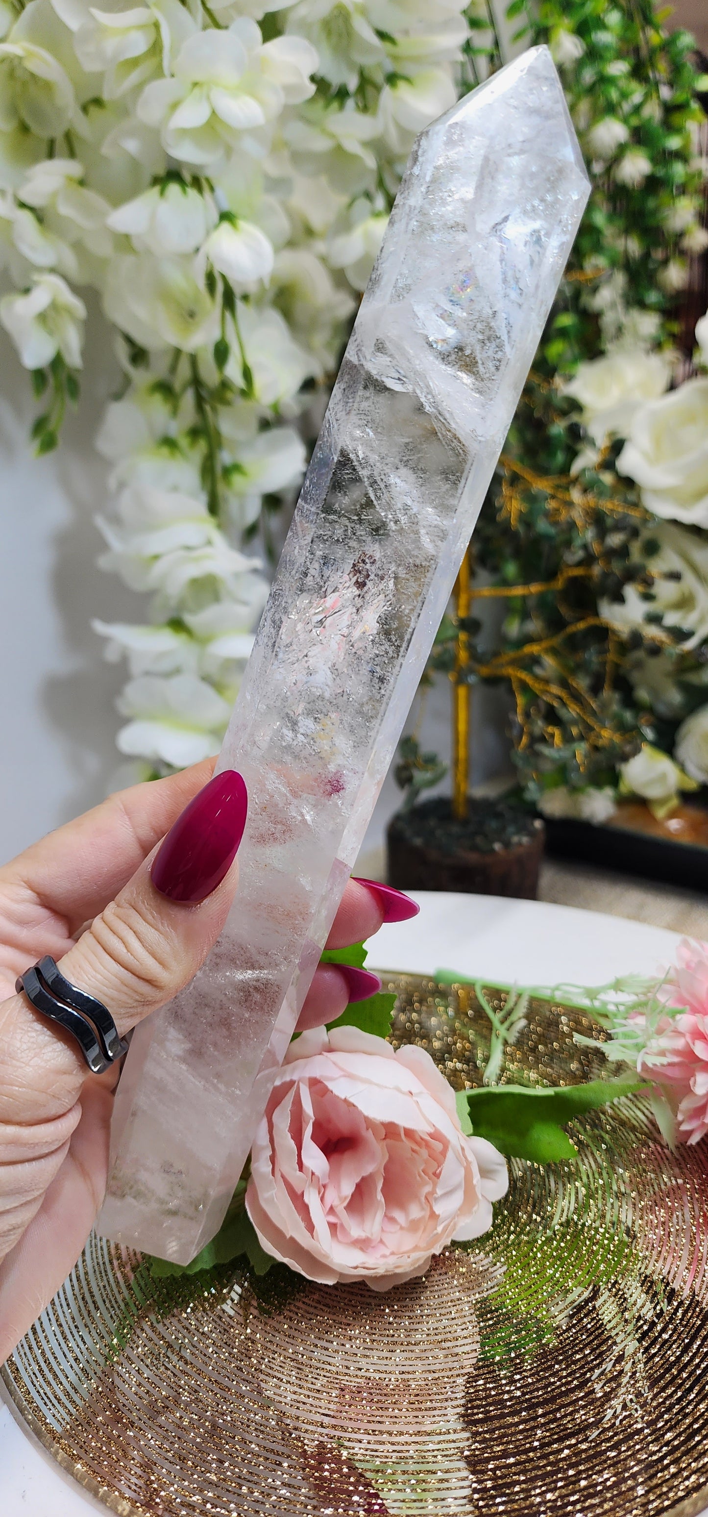 Tall Skinny Clear Quartz Tower With Rainbows and Phantom