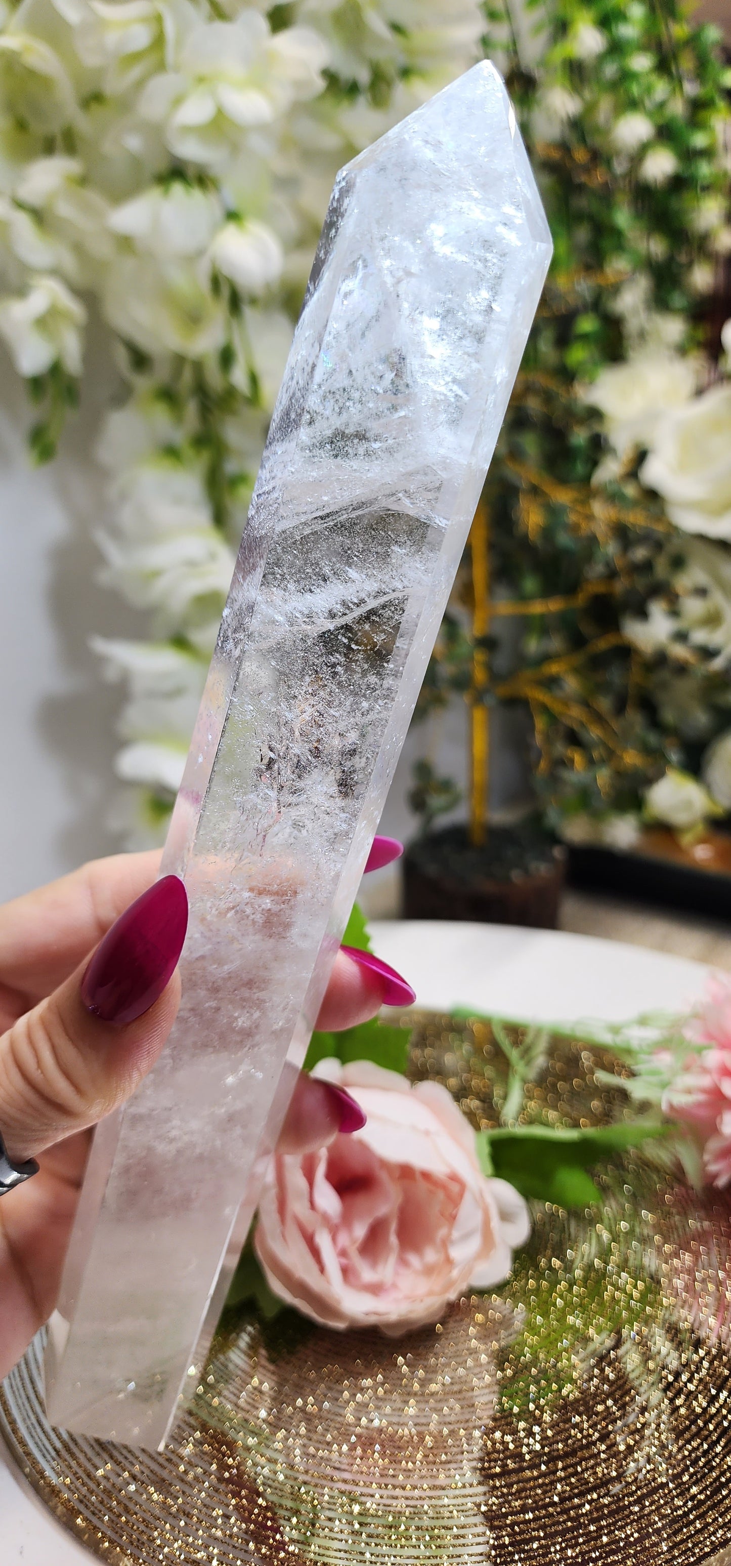 Tall Skinny Clear Quartz Tower With Rainbows and Phantom