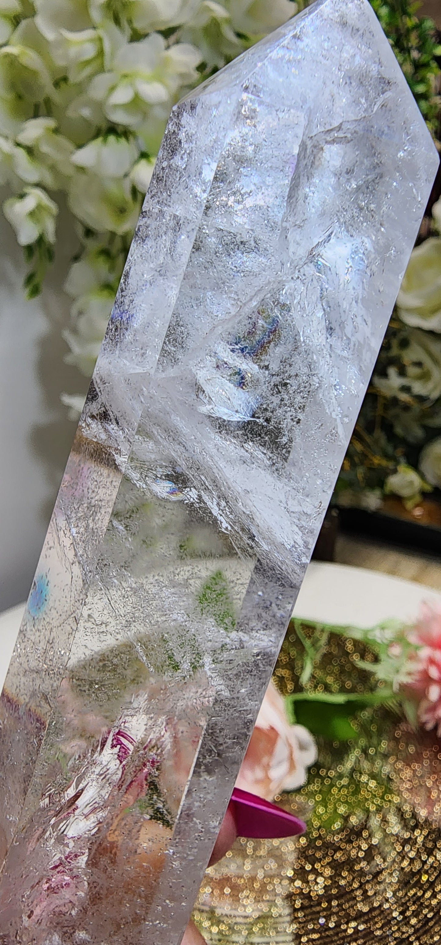 Tall Skinny Clear Quartz Tower With Rainbows and Phantom