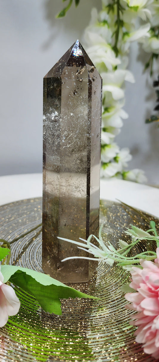 Smoky Quartz Tower With Rainbow and Slight Blue Phantom