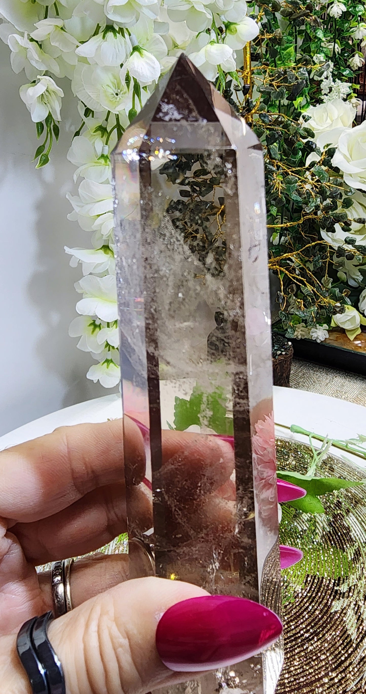 Smoky Quartz Tower With Rainbow and Slight Blue Phantom