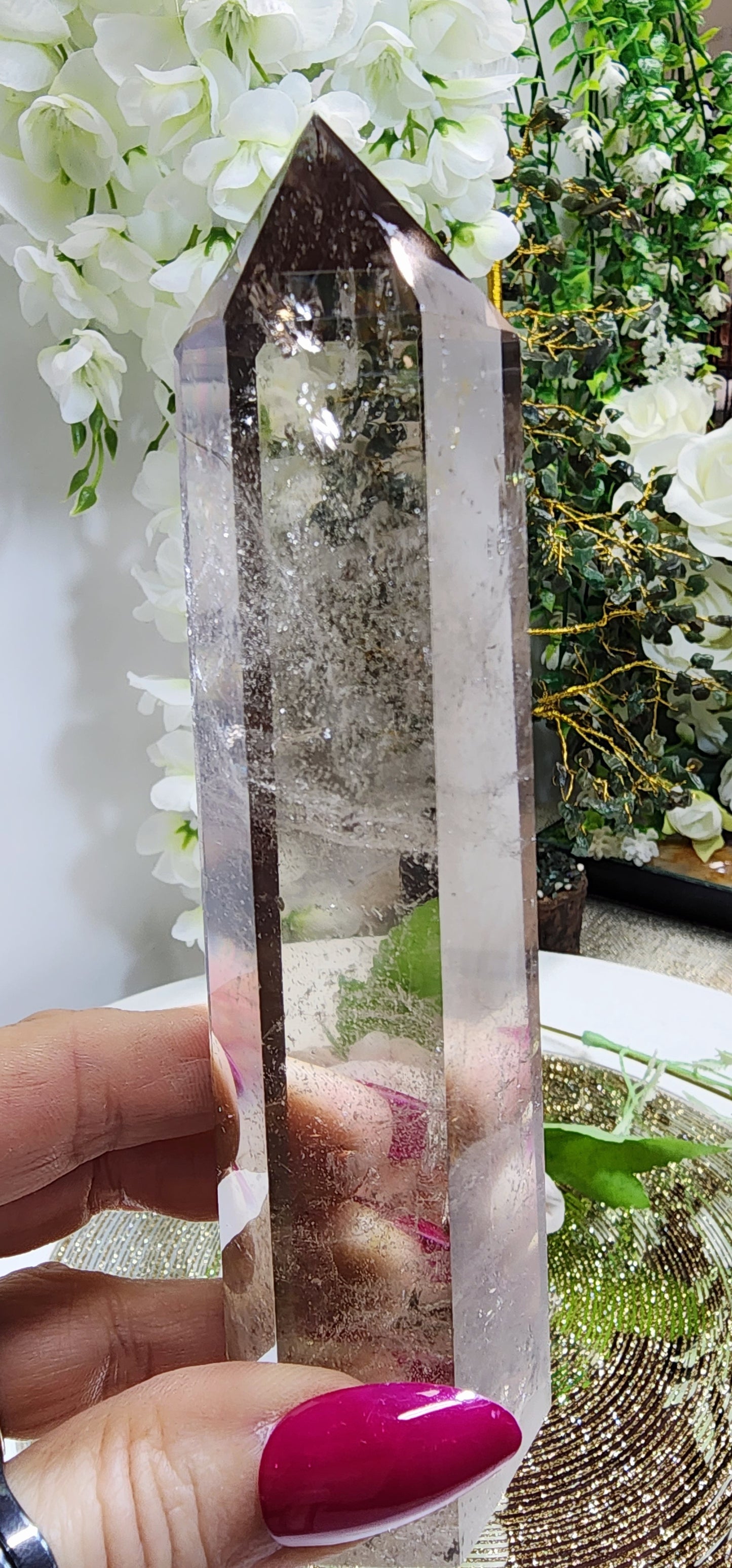 Smoky Quartz Tower With Rainbow and Slight Blue Phantom