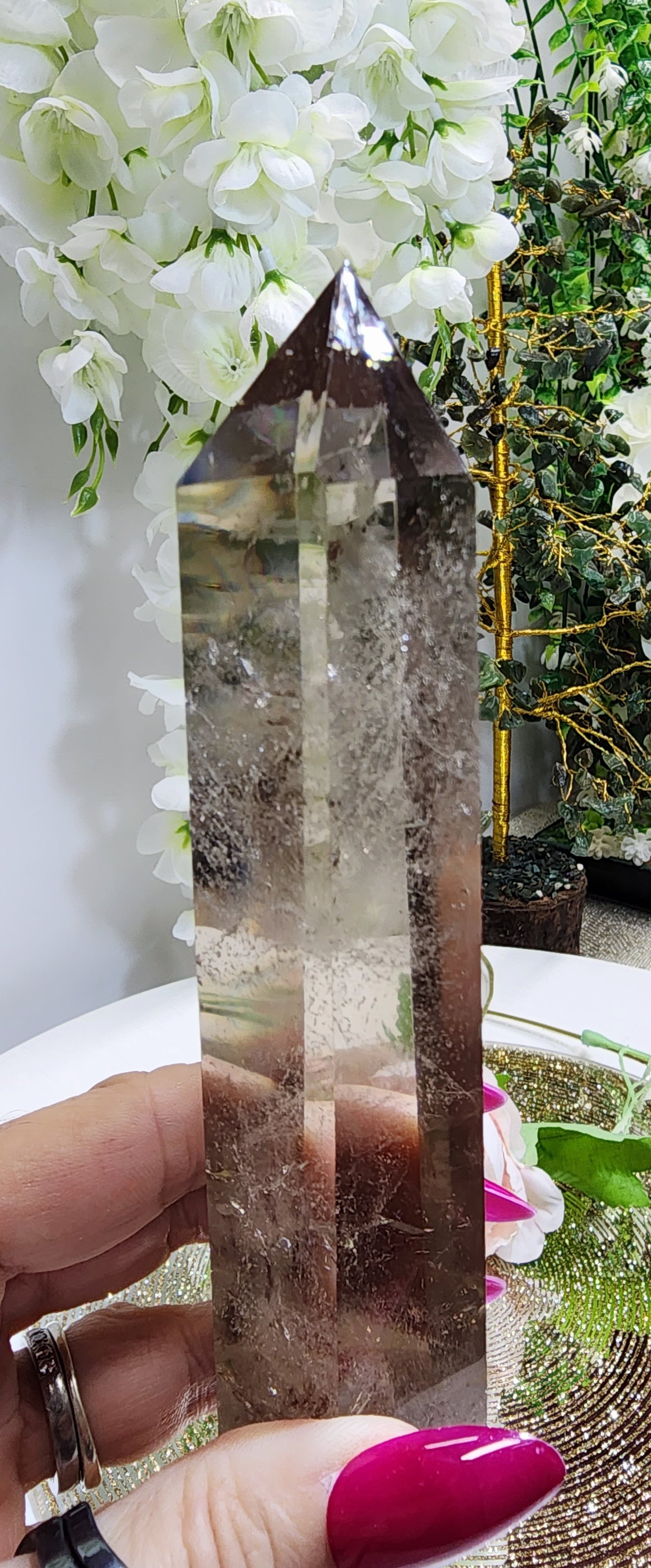 Smoky Quartz Tower With Rainbow and Slight Blue Phantom