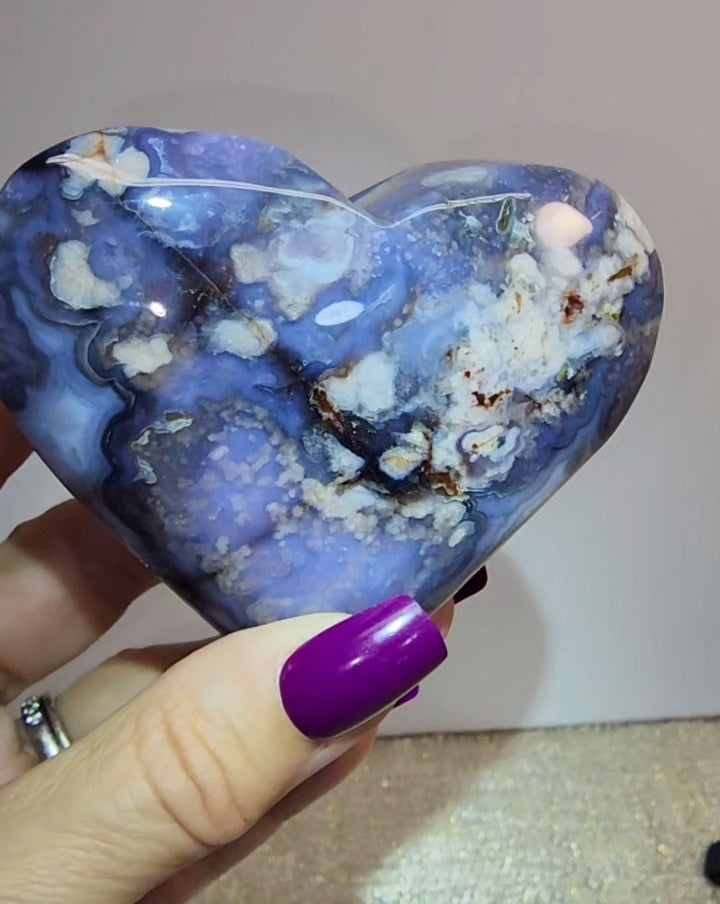Blue Flower Agate Puff Heart
