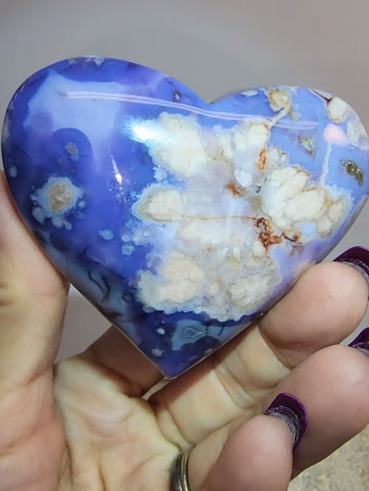 Blue Flowet Agate Puff Heart