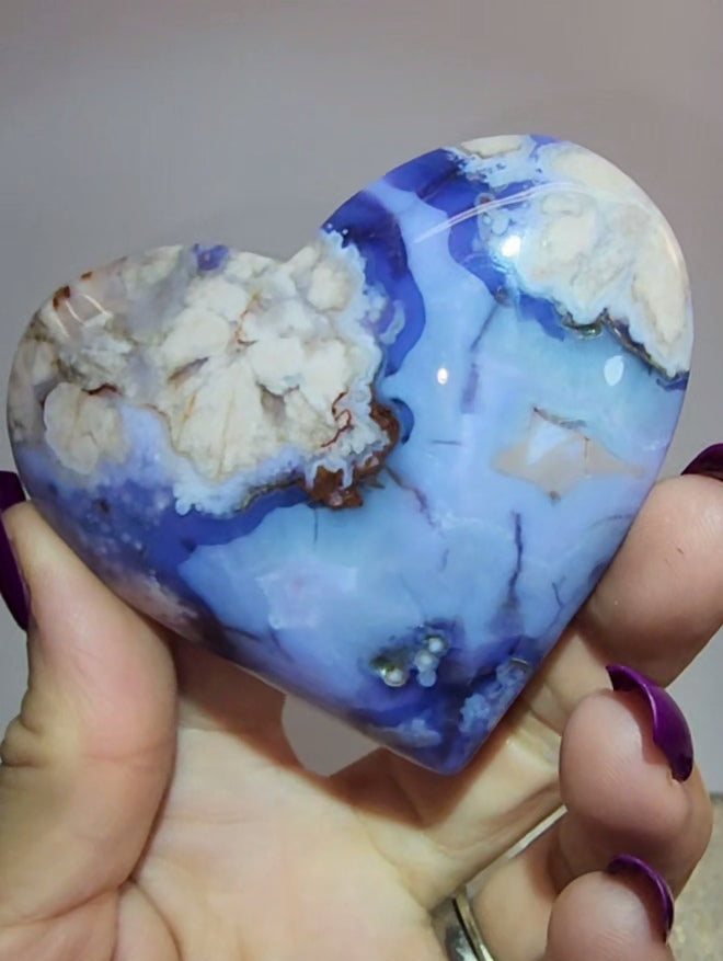 Blue Flowet Agate Puff Heart